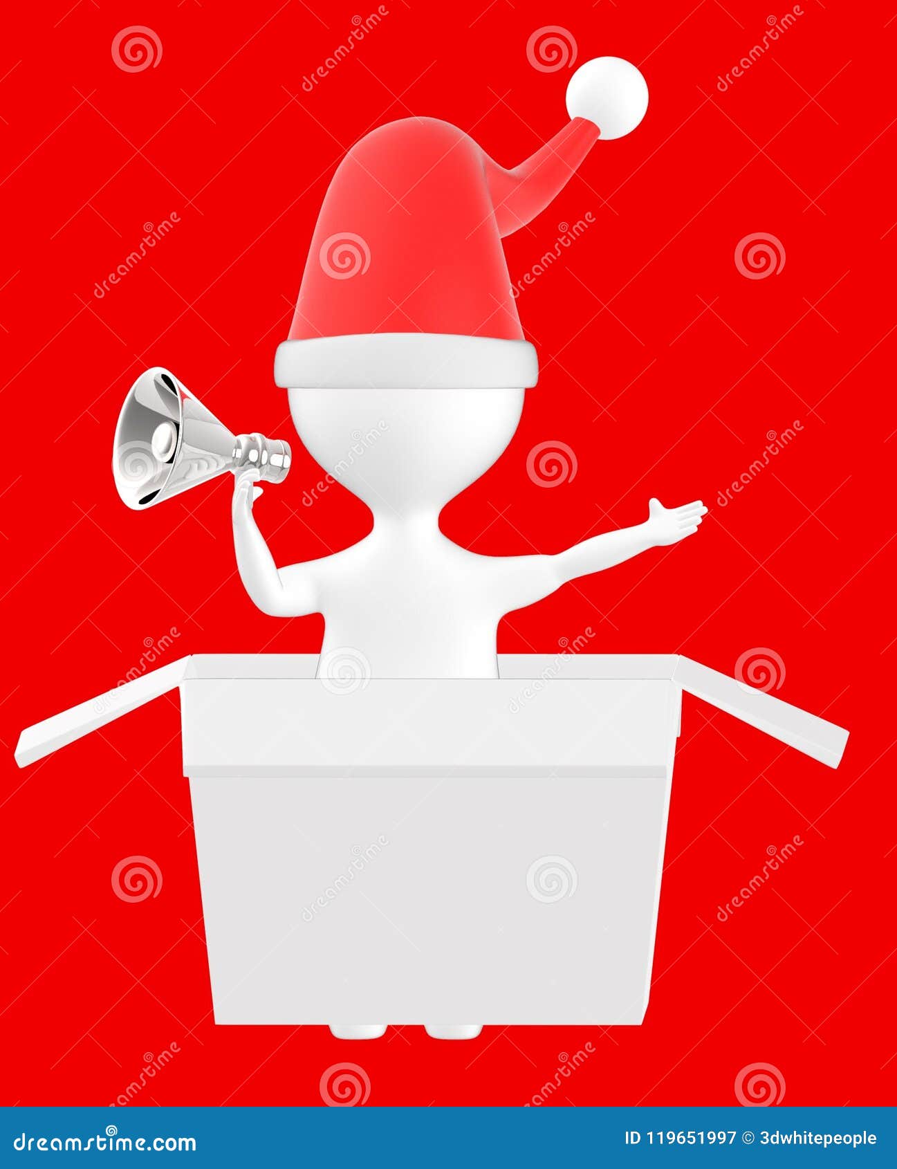 3d caráter, homem que sai da caixa de presente que veste o tampão do xmas e que guarda o megafone. 3d caráter, homem que sai da caixa de presente que veste o tampão do xmas e que guarda o fundo vermelho do megafone - rendição 3d