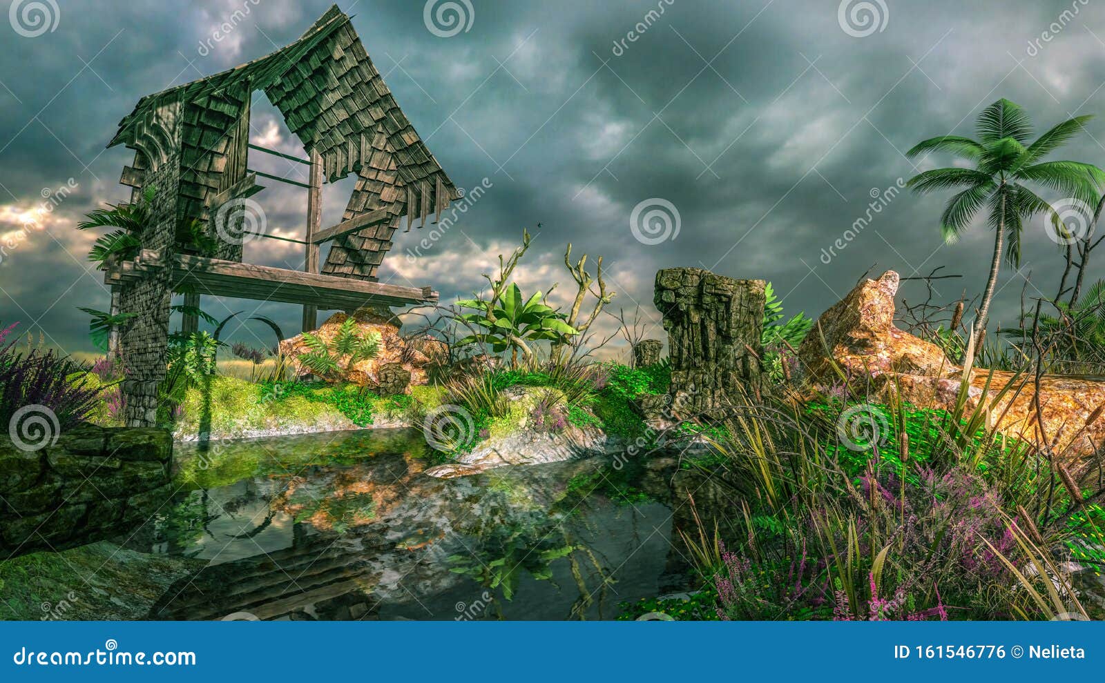 3D CG Ruins in Background Stock - of graphics, plants: 161546776