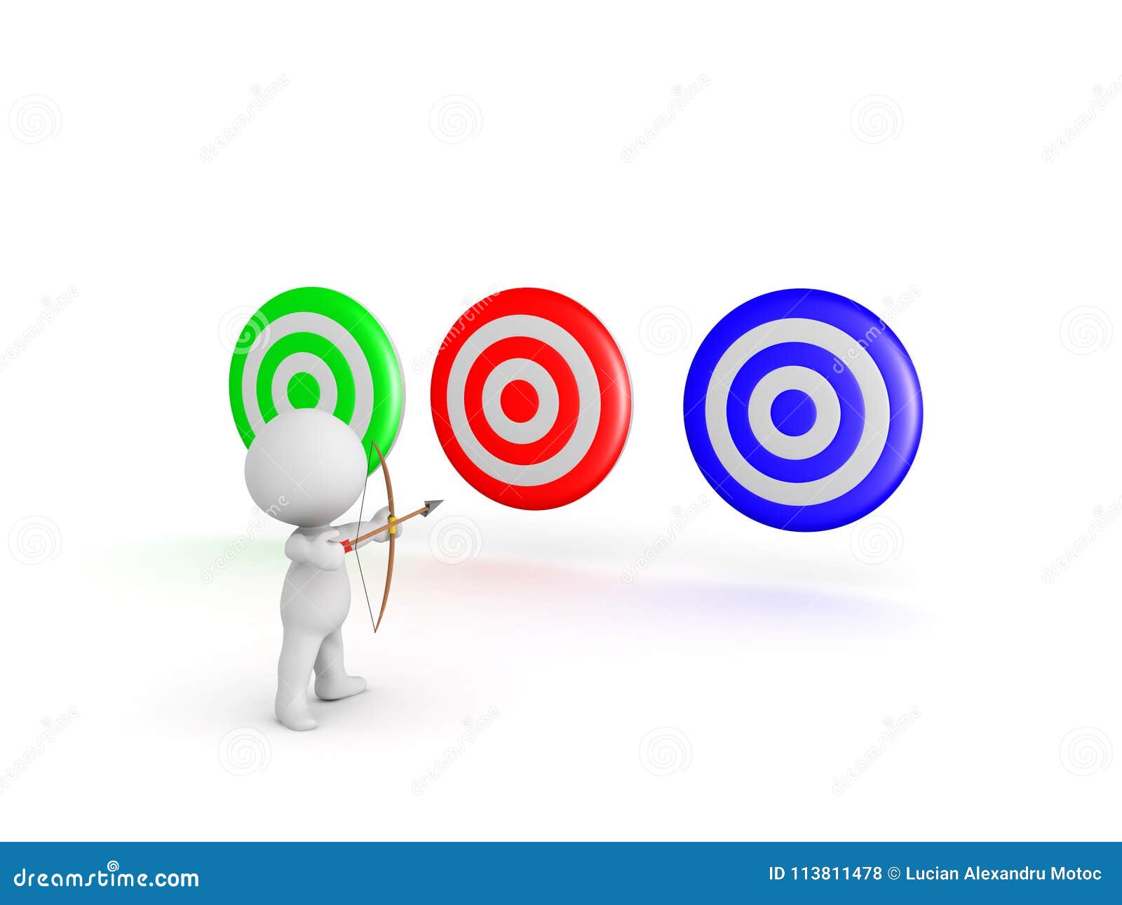 3D Character with Bow and Arrow Aiming at Multiple Targets Stock