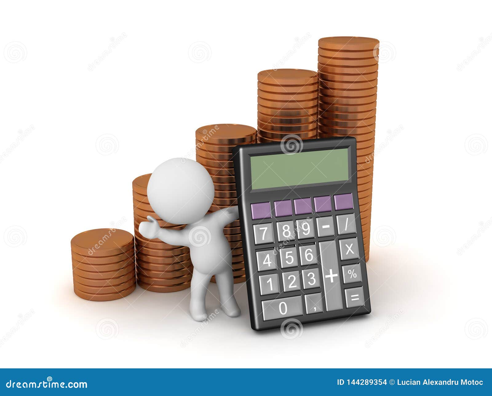 3D Character with Calculator and Coins Stock Illustration