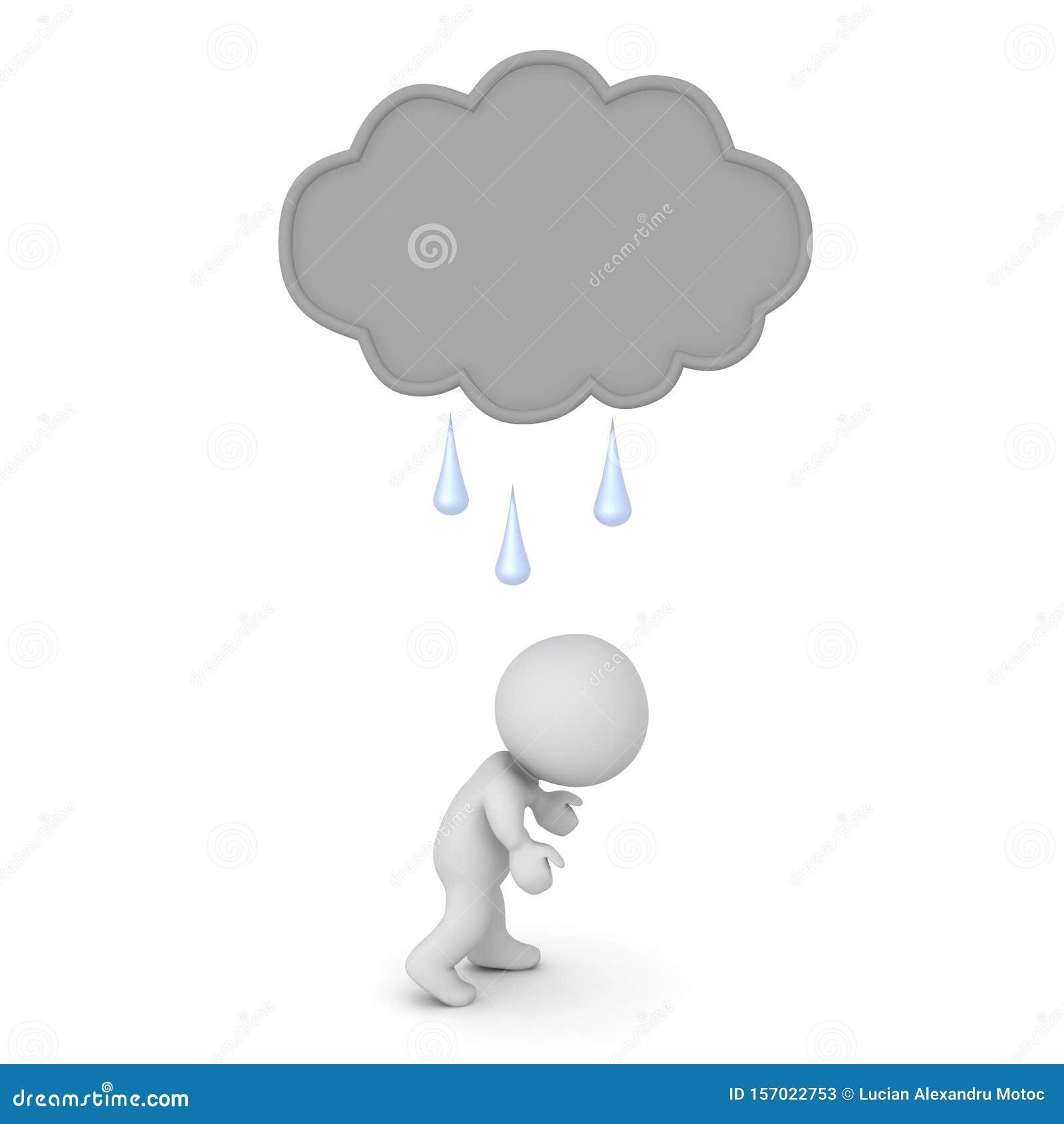3D Character is Depressed Under Rain Cloud Stock Illustration