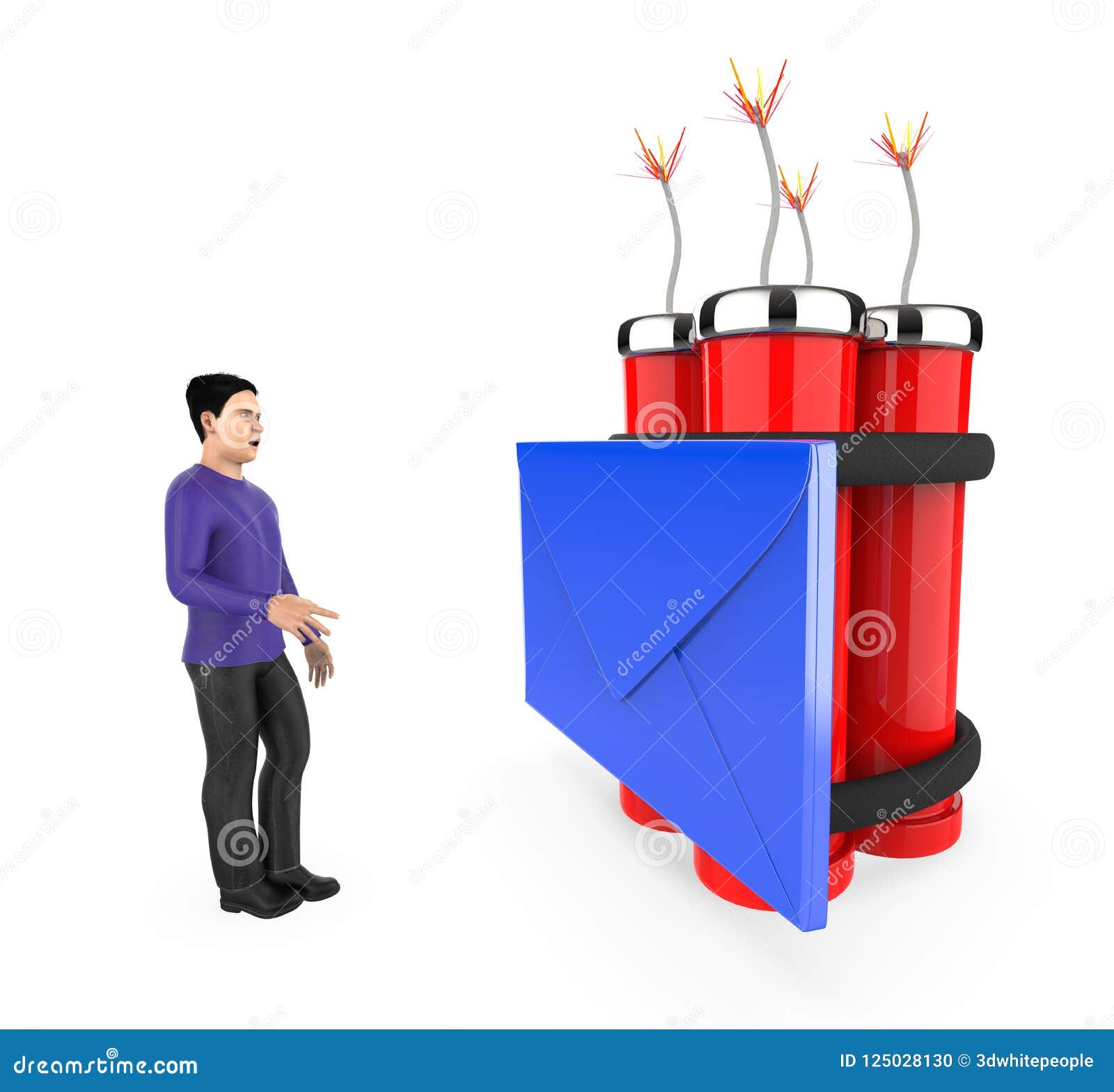 3d character , man , fearfull , looking at a message / envelope tied to a lighted dynamite
