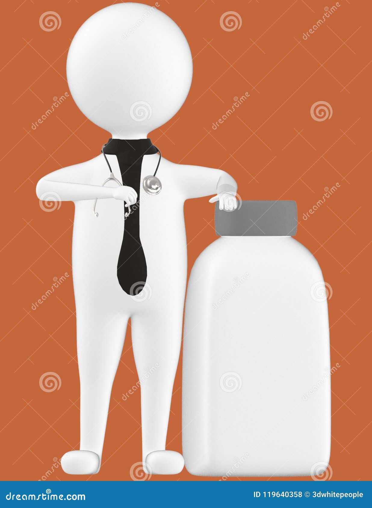 3d character , man medical practioner , doctoer with a empty closed lid bottle
