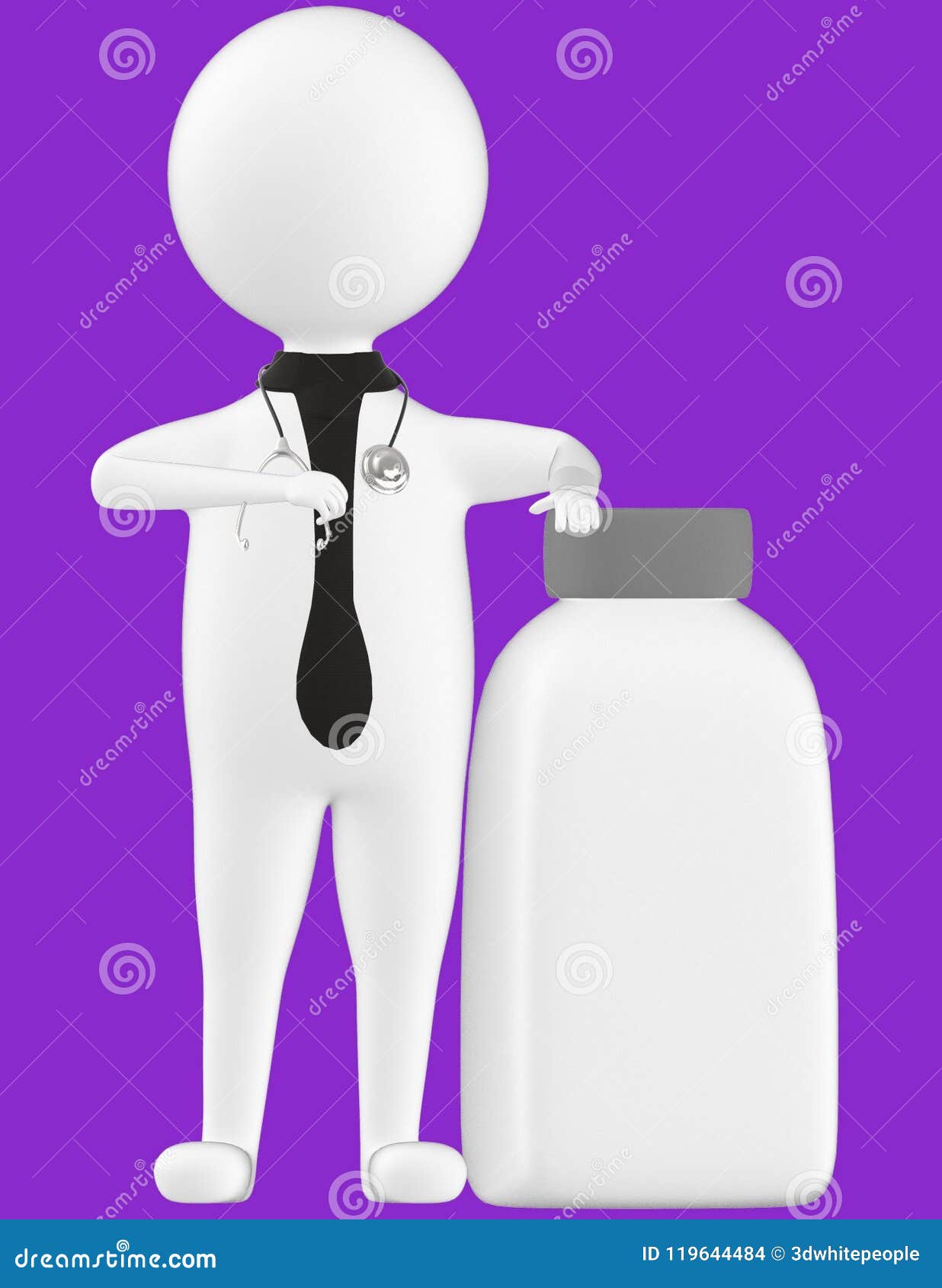 3d character , man medical practioner , doctoer with a empty closed lid bottle