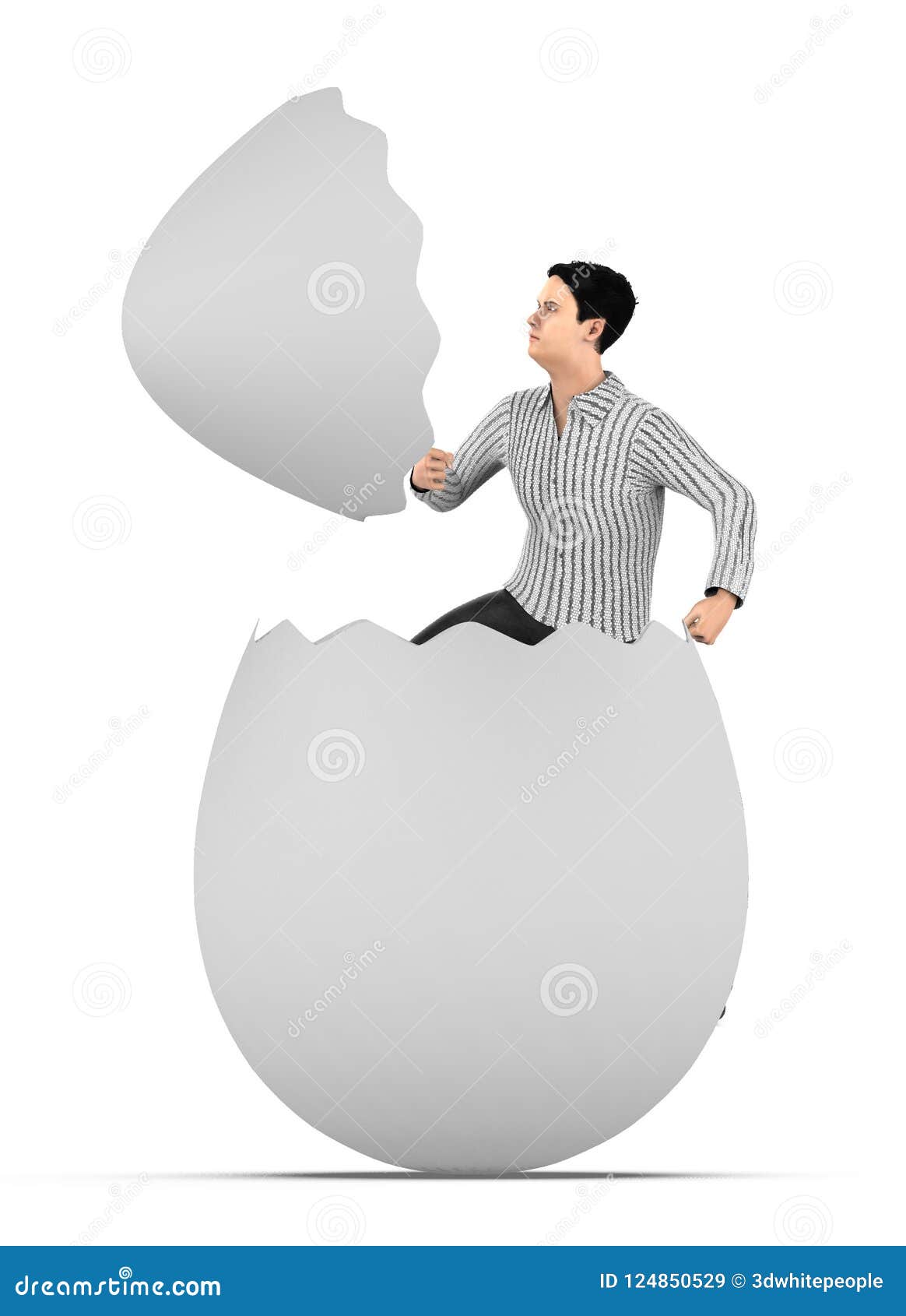 3d Character Man Out From A Cracked Egg Shell Stock