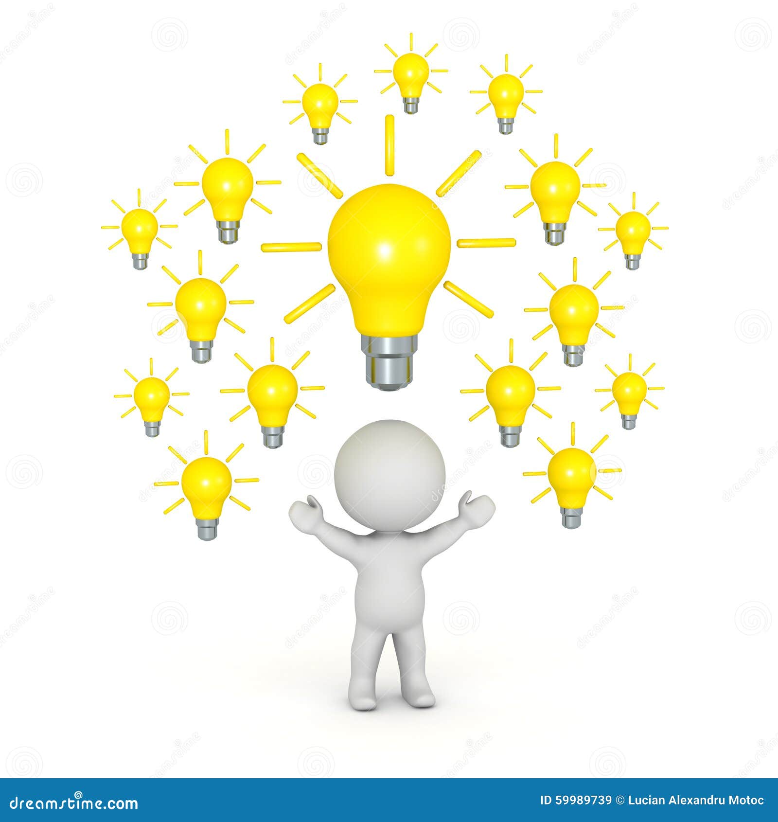 3D Character With Many Light Bulbs Above His Head Stock Illustration