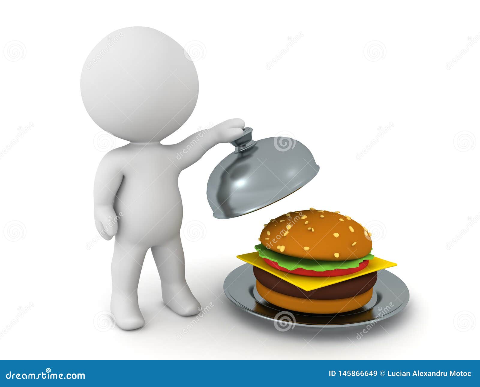 3d character presenting hamburger in stainless steel cloche