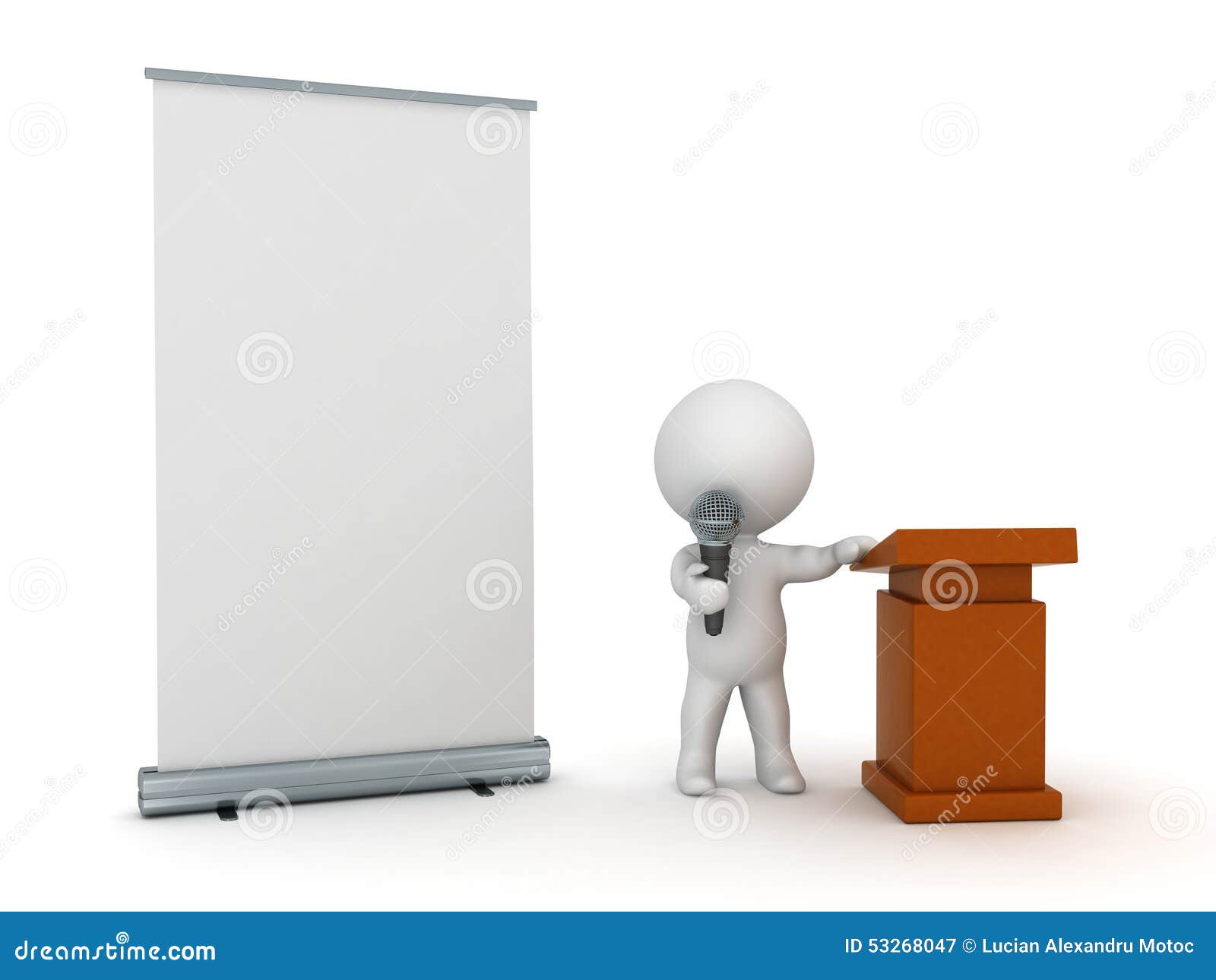 3d character public speaker with roll-up poster
