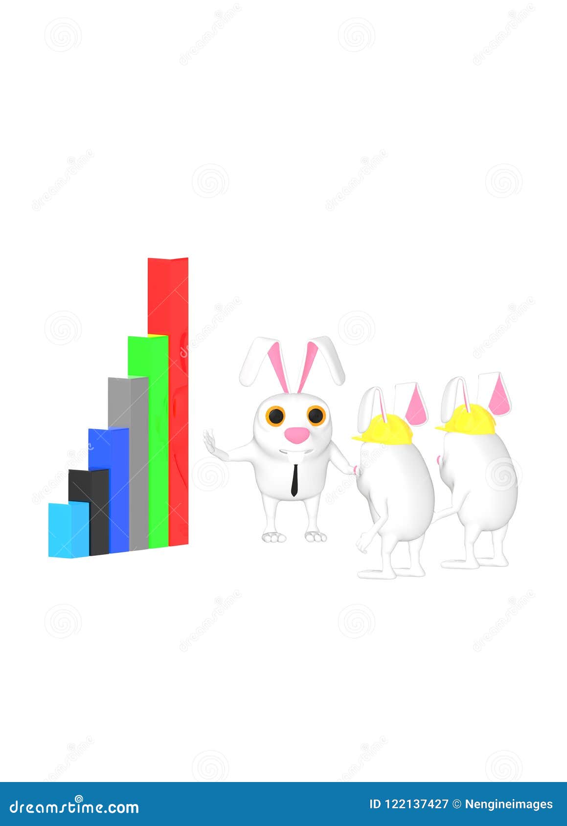 3d Character , Rabbit Explaining with a Graph To Other Rabbits Stock