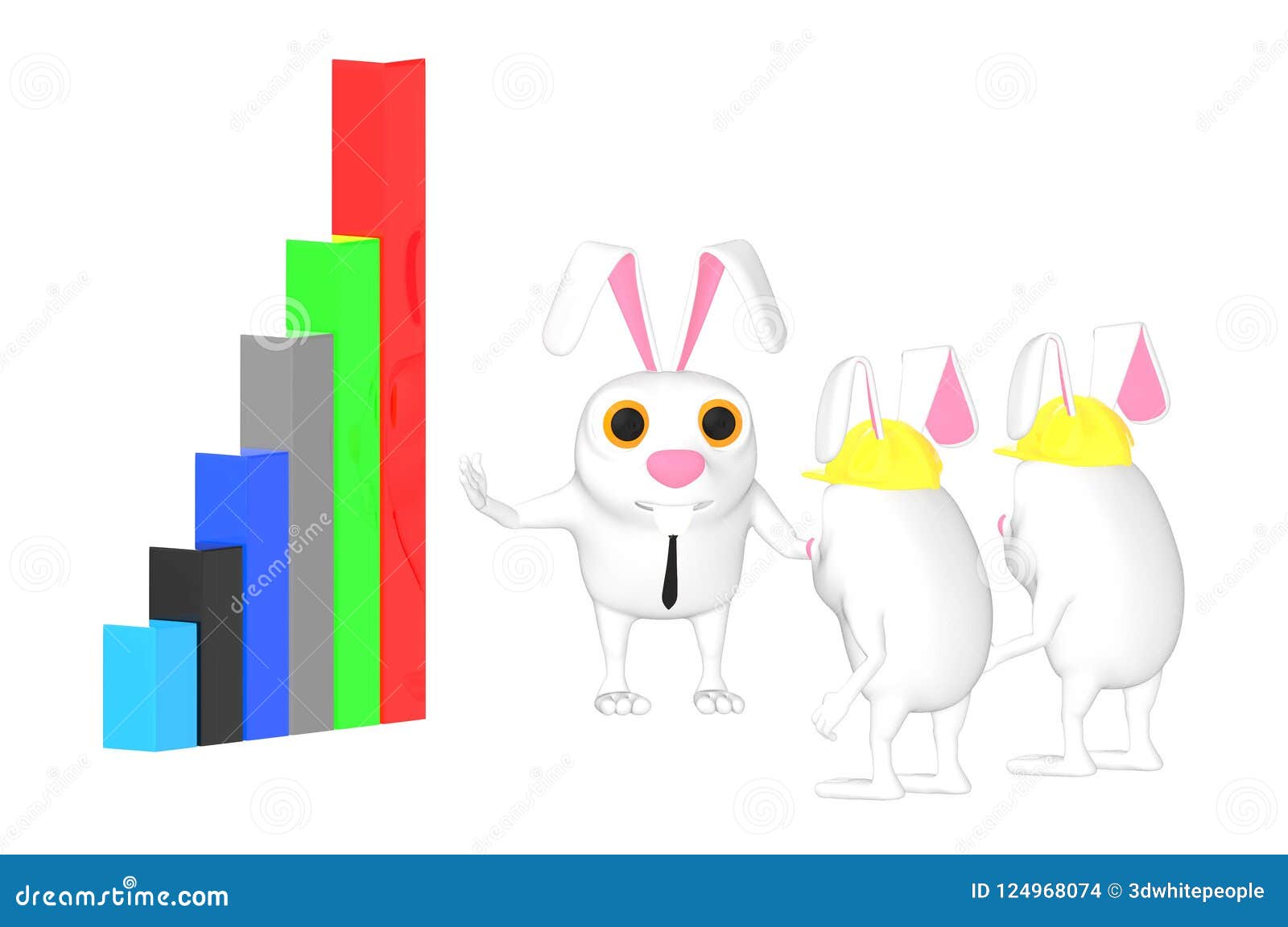 3d Character , Rabbit Explaining with a Graph To Other Rabbits Stock