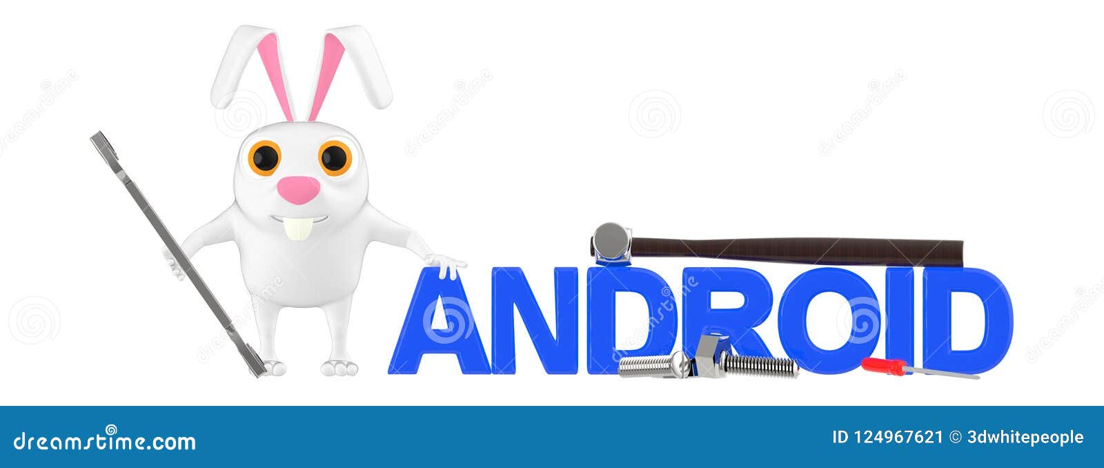 3d character , rabbit holding a wrench, and a hammer placed over andriod text , screws , nuts and a driver on ground