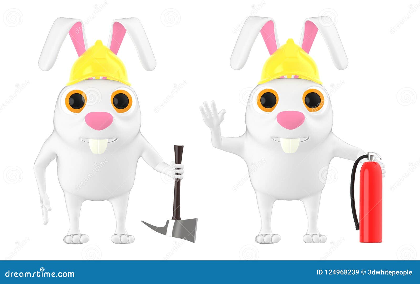 3d Character , Rabbit Wearing Safety Helmet Holding Axe and Holding