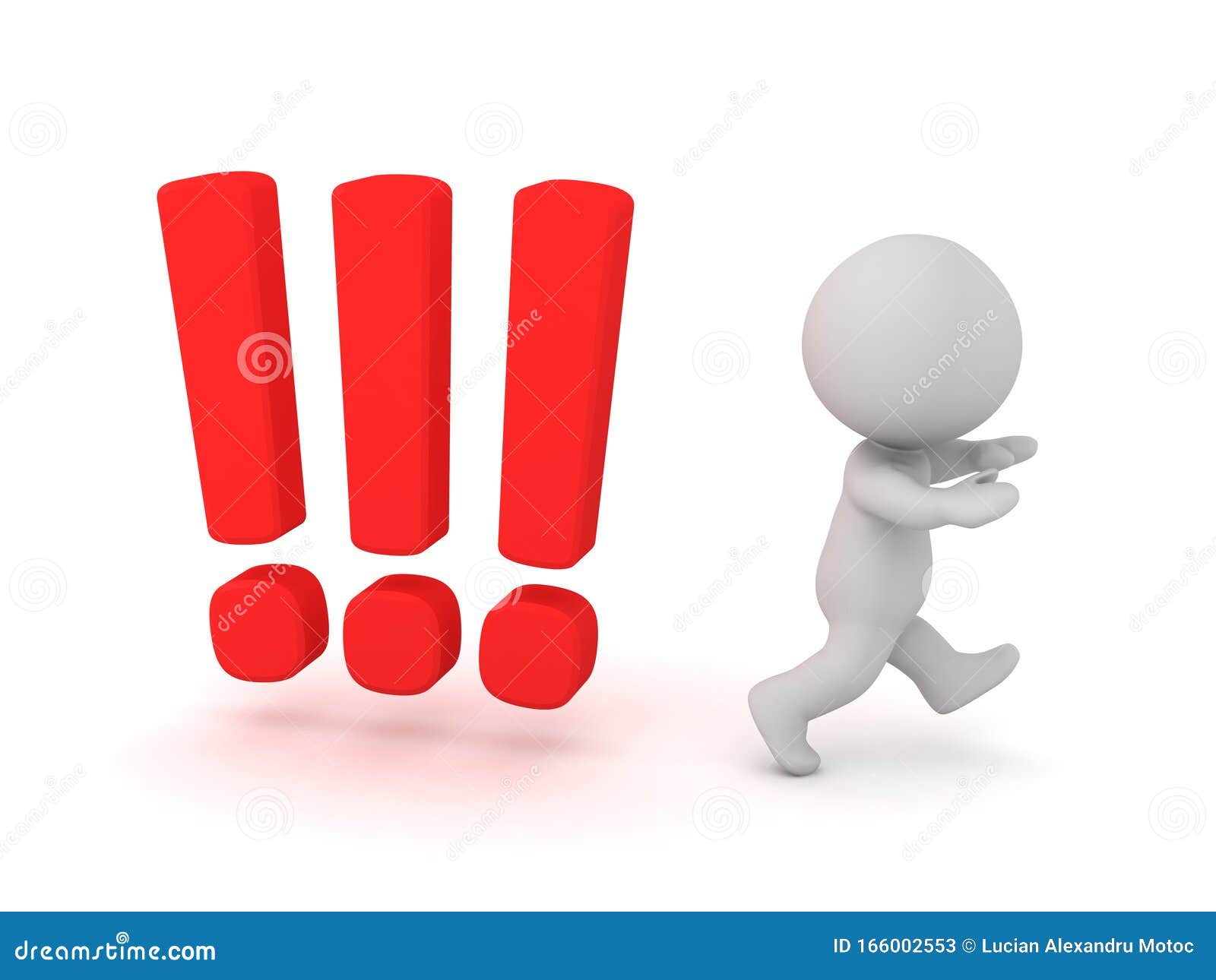 3D Character Running Away from Exclamation Symbols Stock Illustration ...