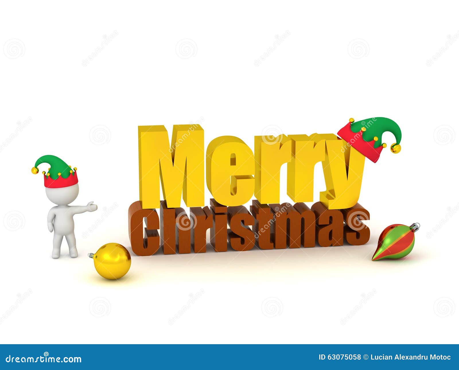 3D Character Showing Merry Christmas Text with Elf Hat