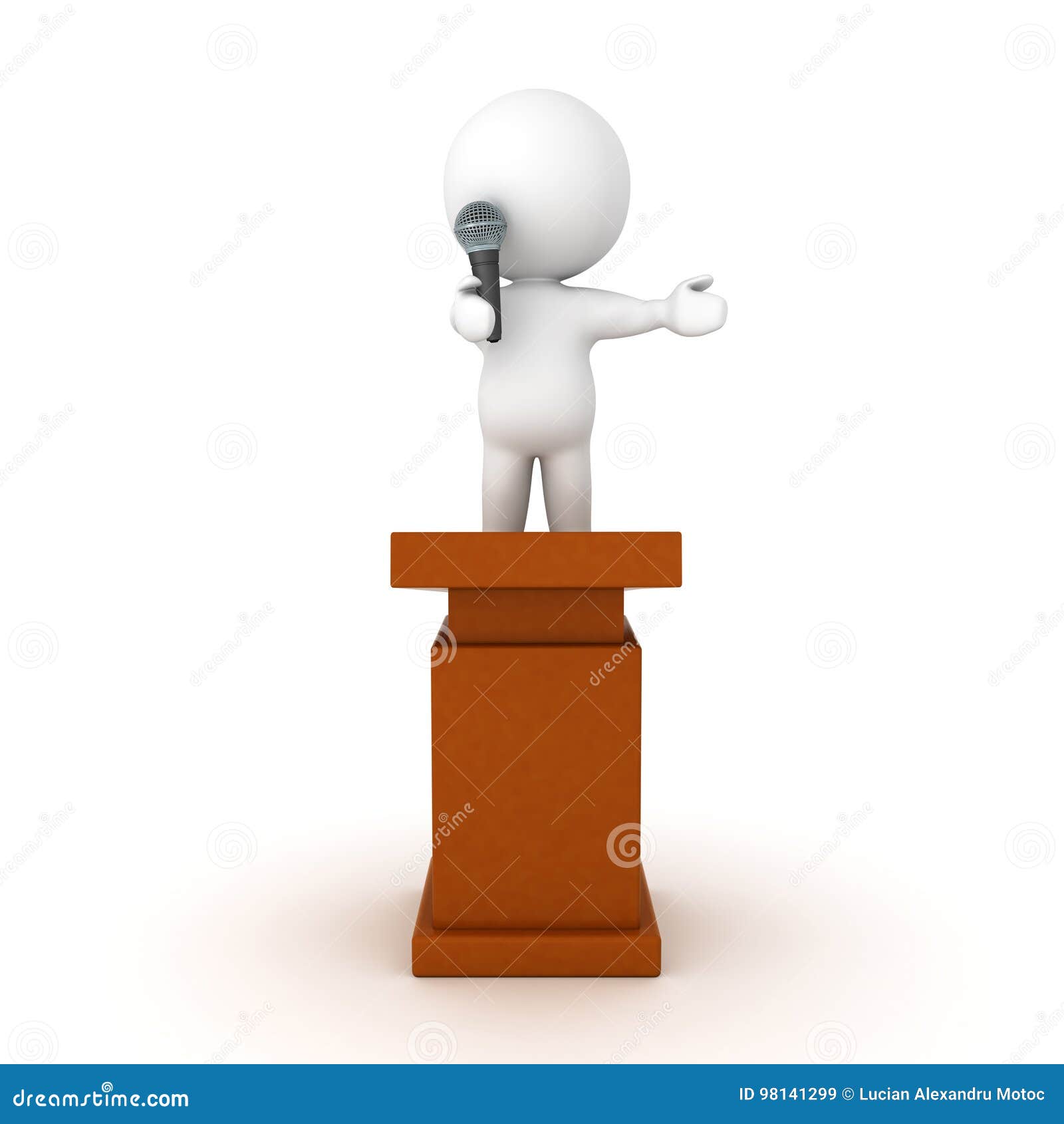 3d character standing on top of a lectern and speaking on microphone
