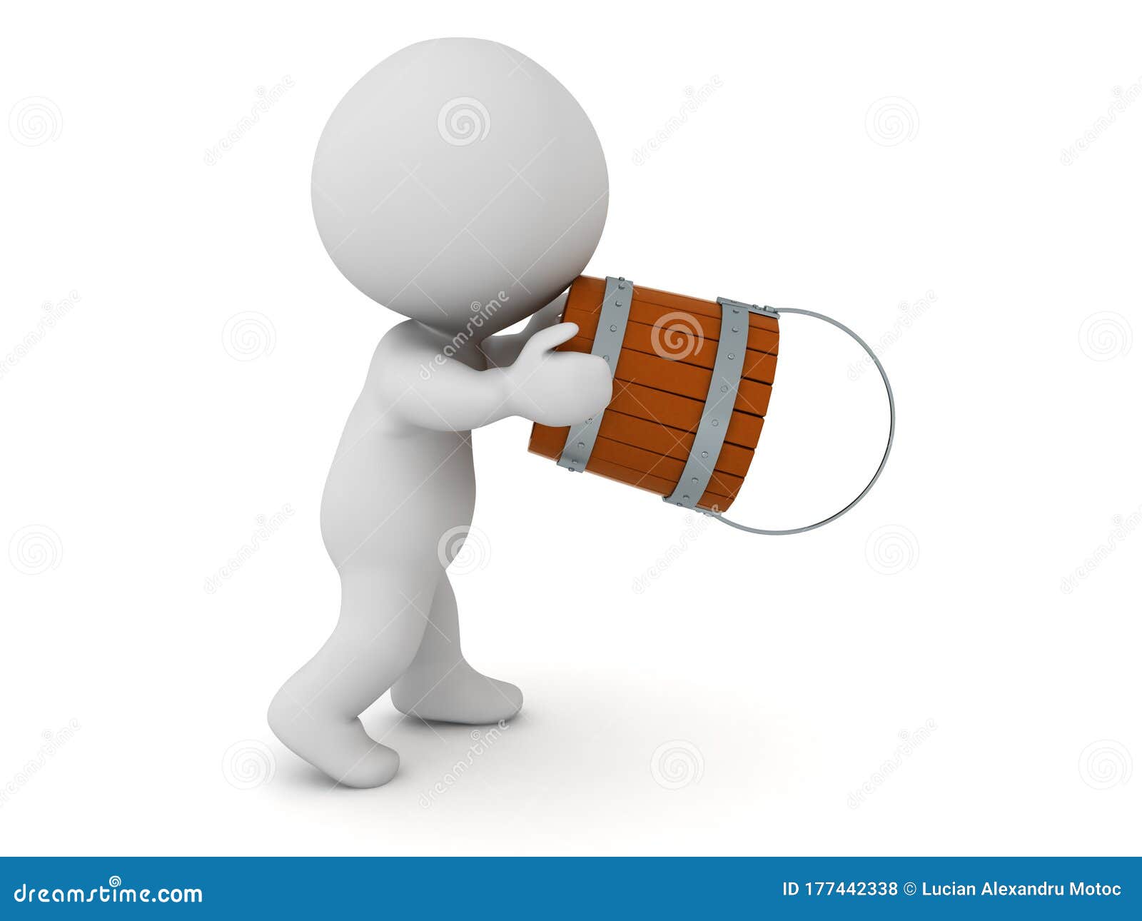 3D Character Throwing Water Out of Bucket Stock Illustration