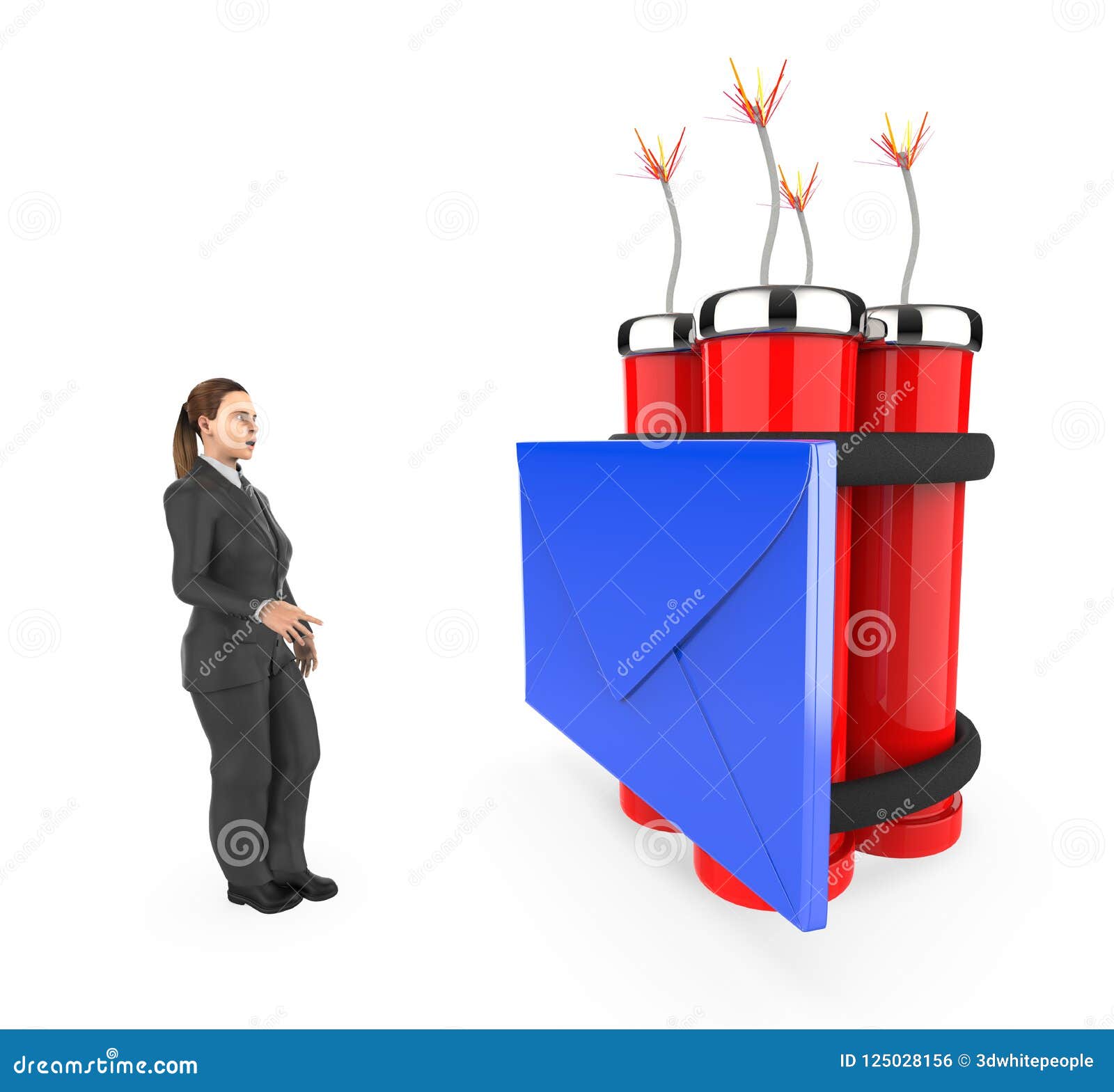 3d character , woman , fearfull , looking at a message / envelope tied to a lighted dynamite