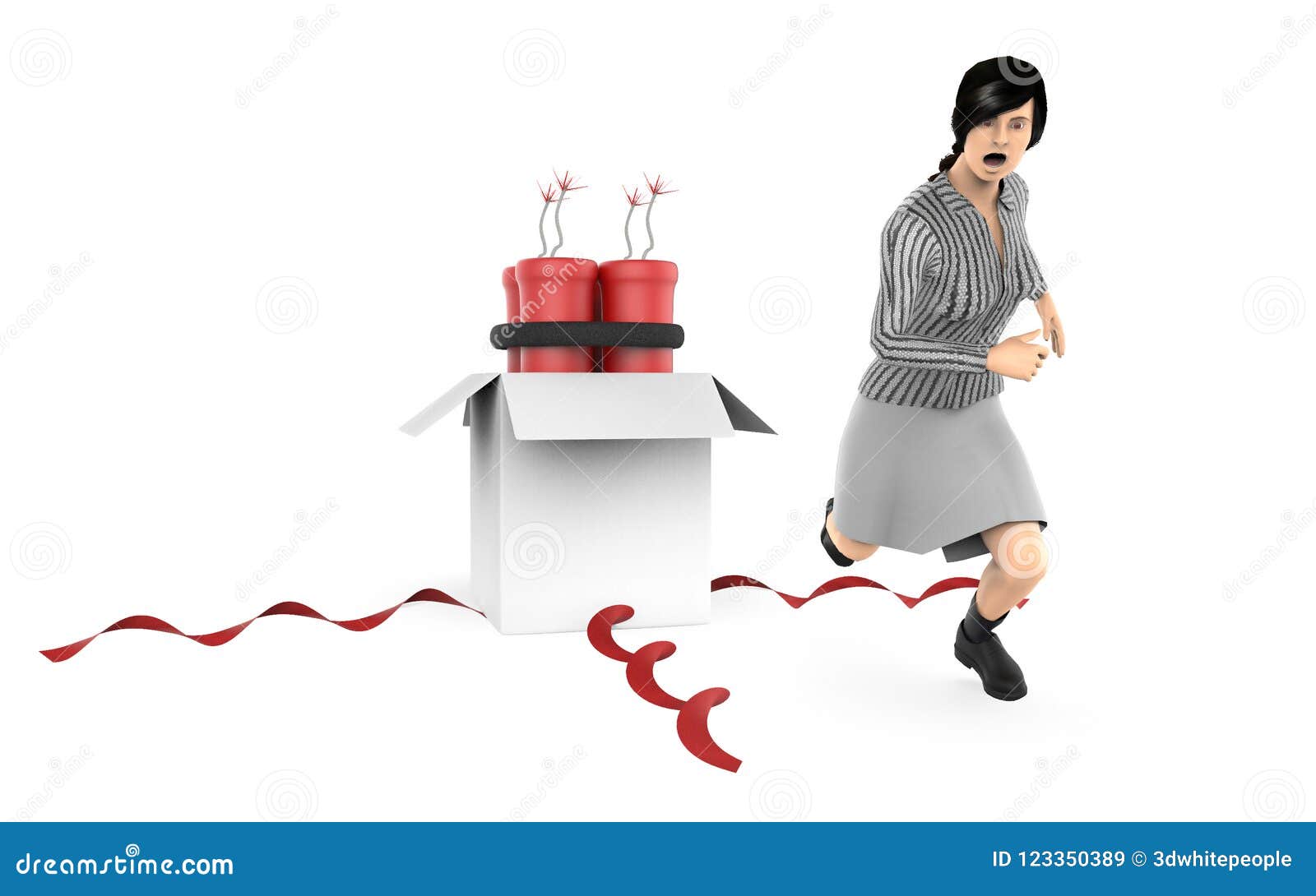 3d character , woman, fearfull , running away from dyanamite inside a gift box