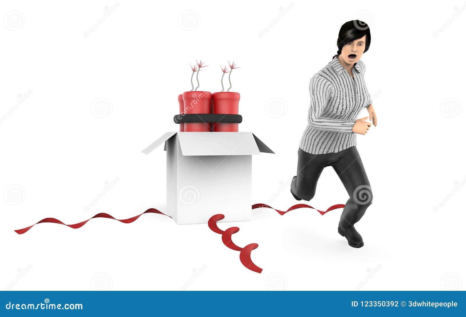 3d character , woman, fearfull , running away from dyanamite inside a gift box