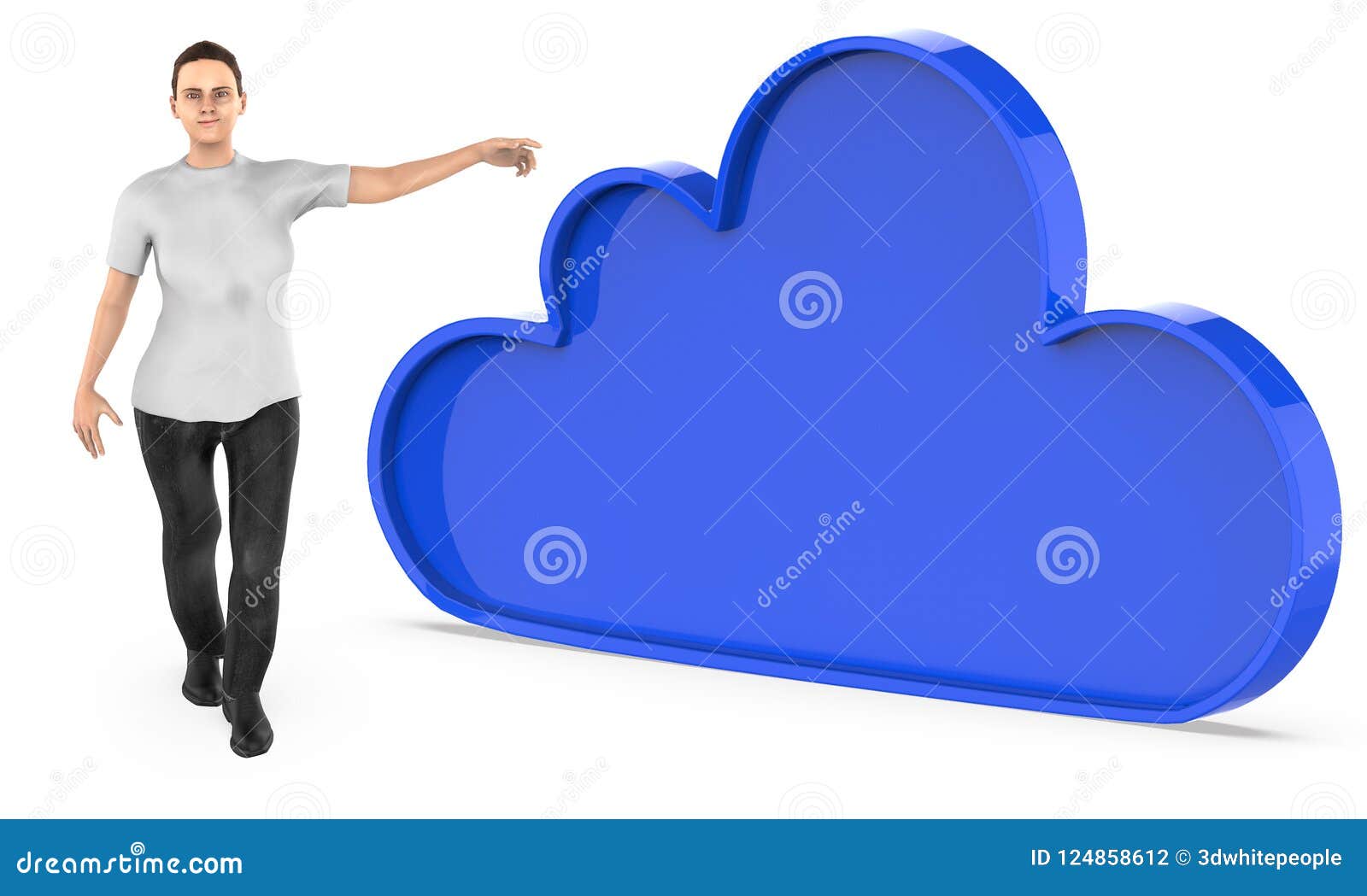 3d character , woman pointing his hands towads cloud 