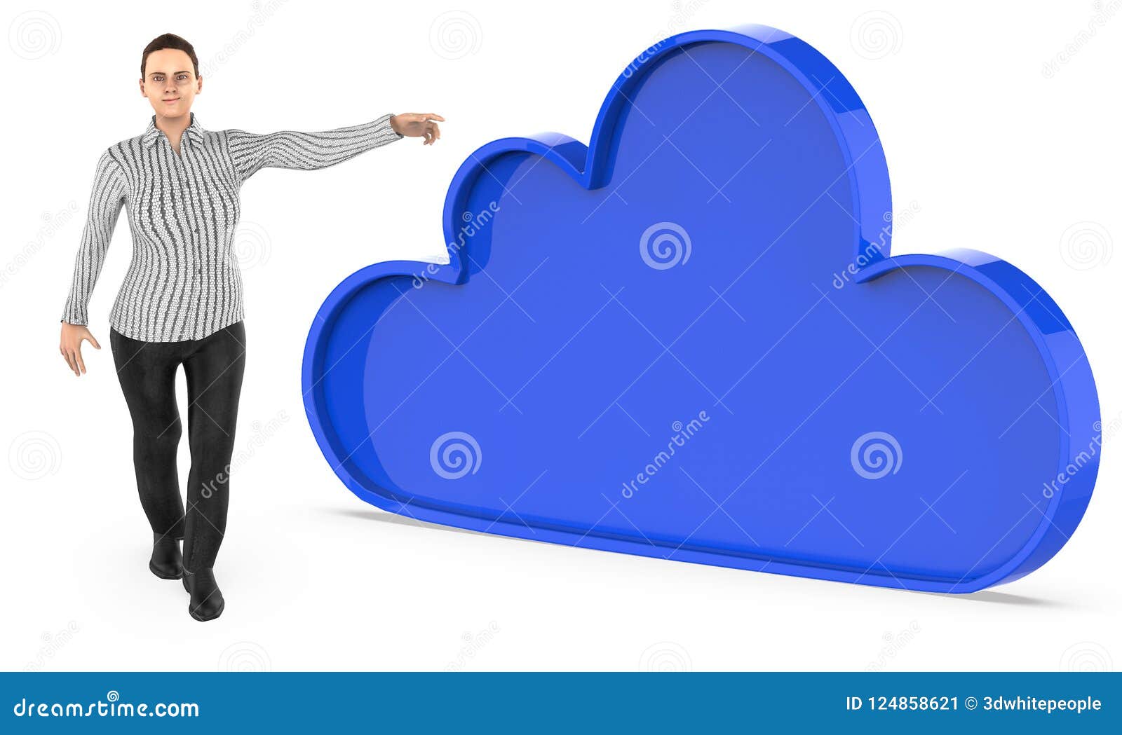 3d character , woman pointing his hands towads cloud 