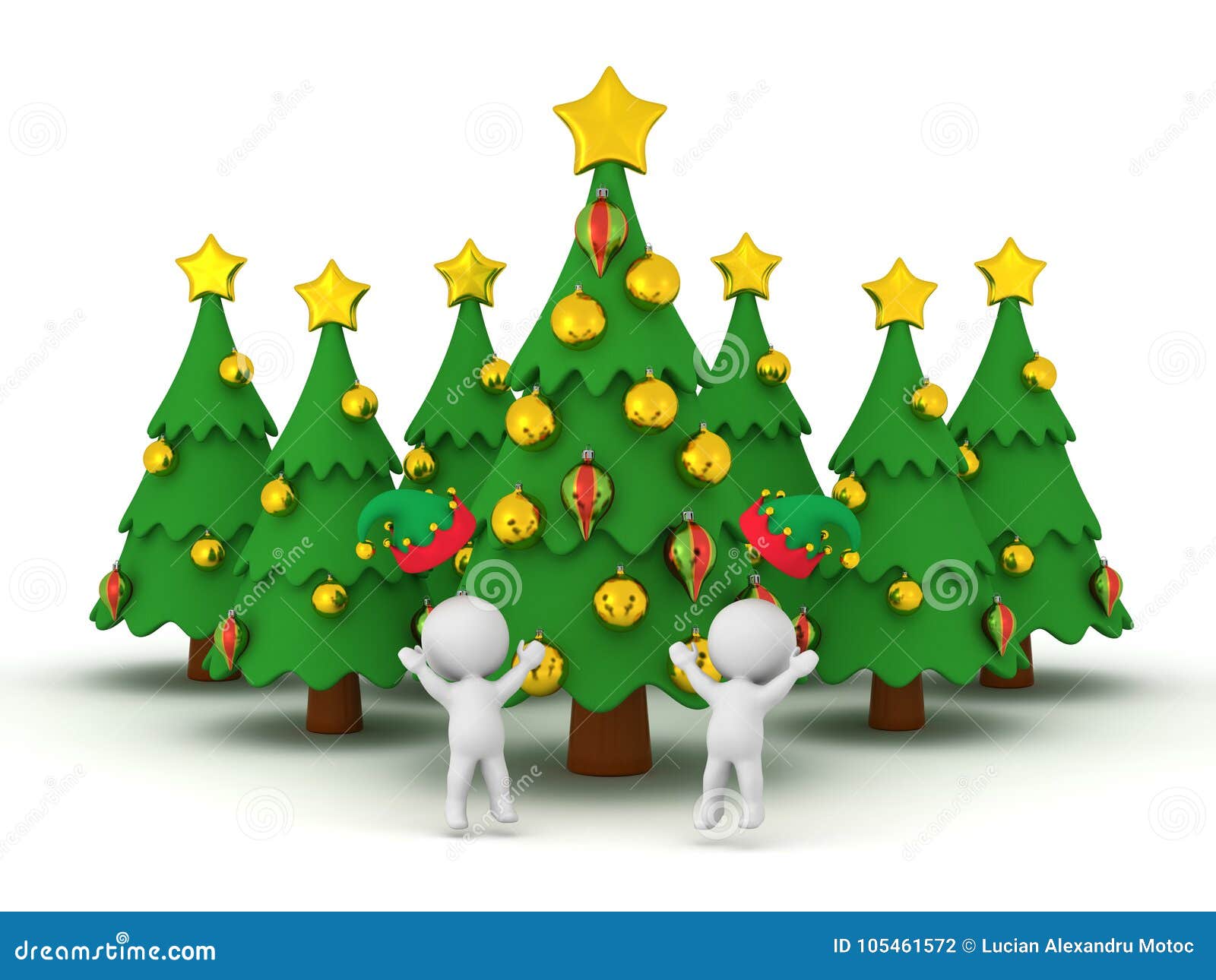 Two 3D characters in elf hats jumping up with many decorated Christmas trees in the background Isolated on white background