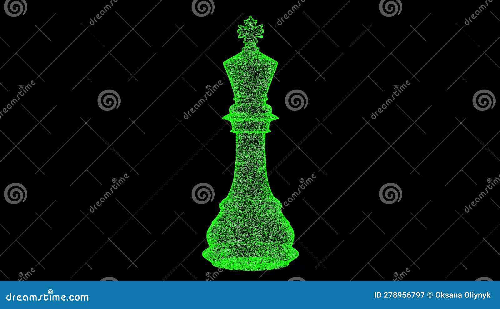 3D Chess King on Black Background. Object Made of Shimmering Particles