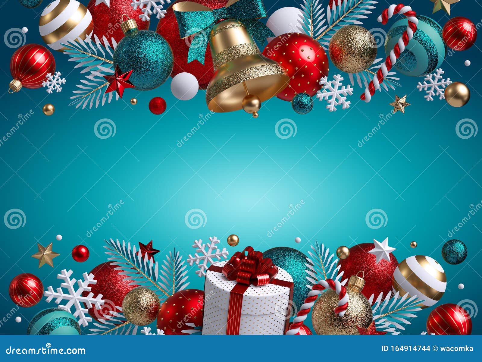 3d Christmas Balls Ornaments Golden Bell Gift Box Isolated On Blue Background Festive Garland Border Blank Banner Greeting Stock Illustration Illustration Of Abstract Horizontal 164914744