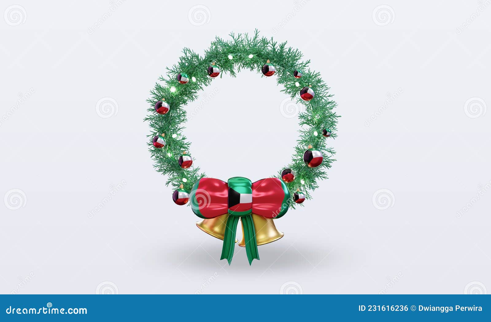 3d Christmas Wreath Kuwait Flag Rendering Front View Stock Illustration