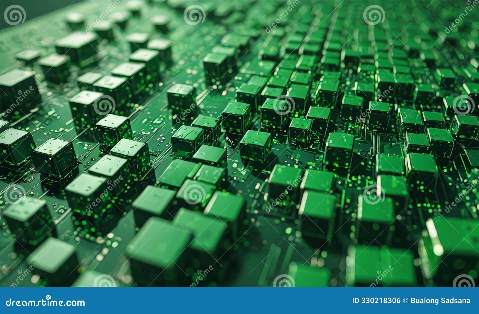 3d circuit board with numerous green cubes arranged in grid-like pattern, creating sense depth and complexity.