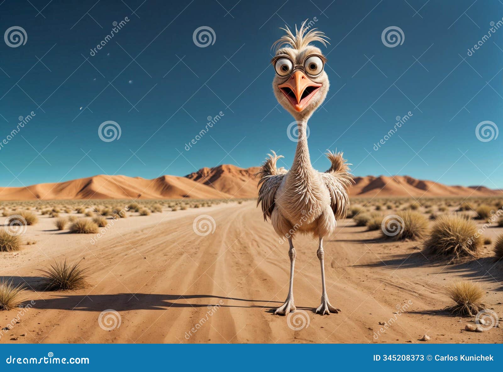 3d claymation artwork of a caricatured quirky, crazy ostrich with large and squinted bulging eyes - generated by ai