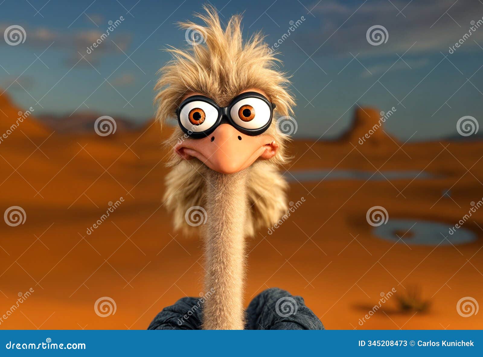 3d claymation artwork of a caricatured quirky, crazy ostrich with large and squinted bulging eyes - generated by ai