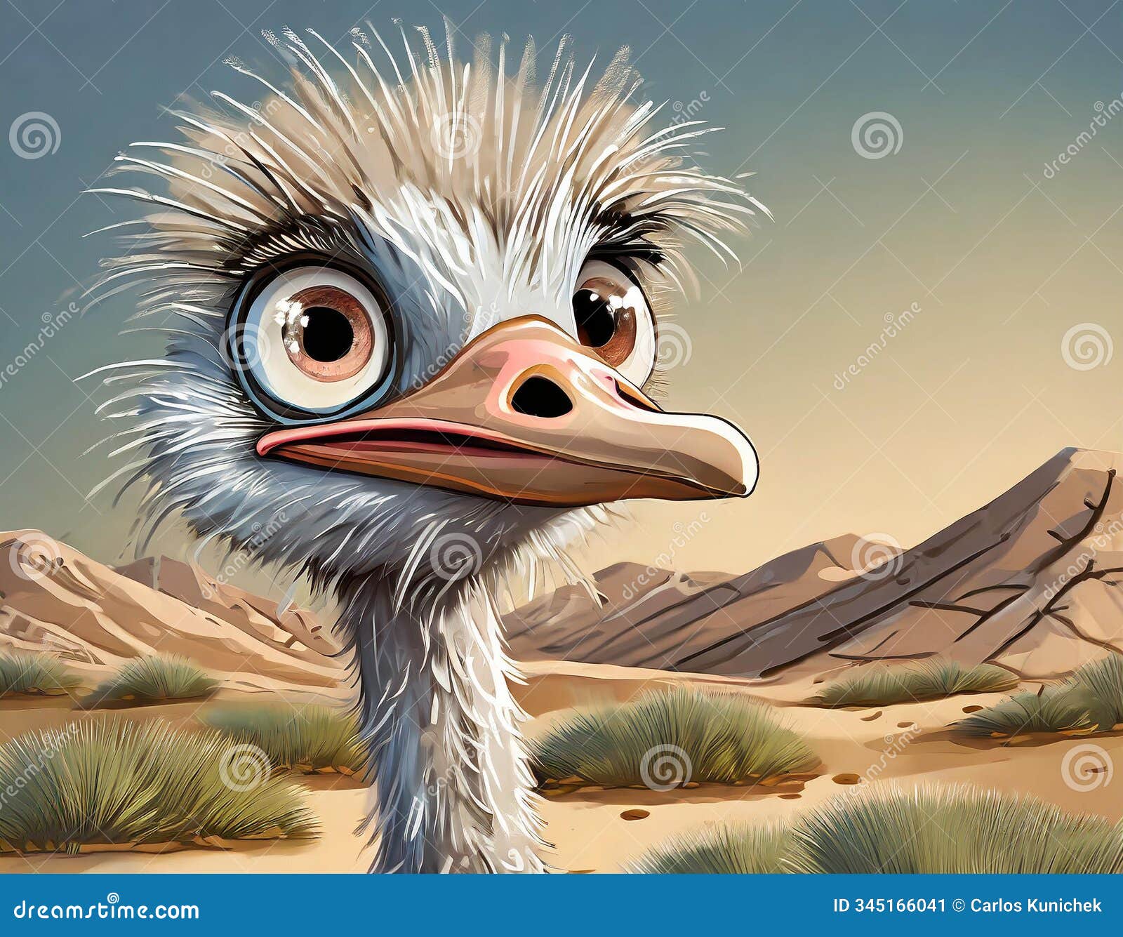 3d claymation artwork of a caricatured quirky, crazy ostrich with large and squinted bulging eyes. messy, shabby beige feather and