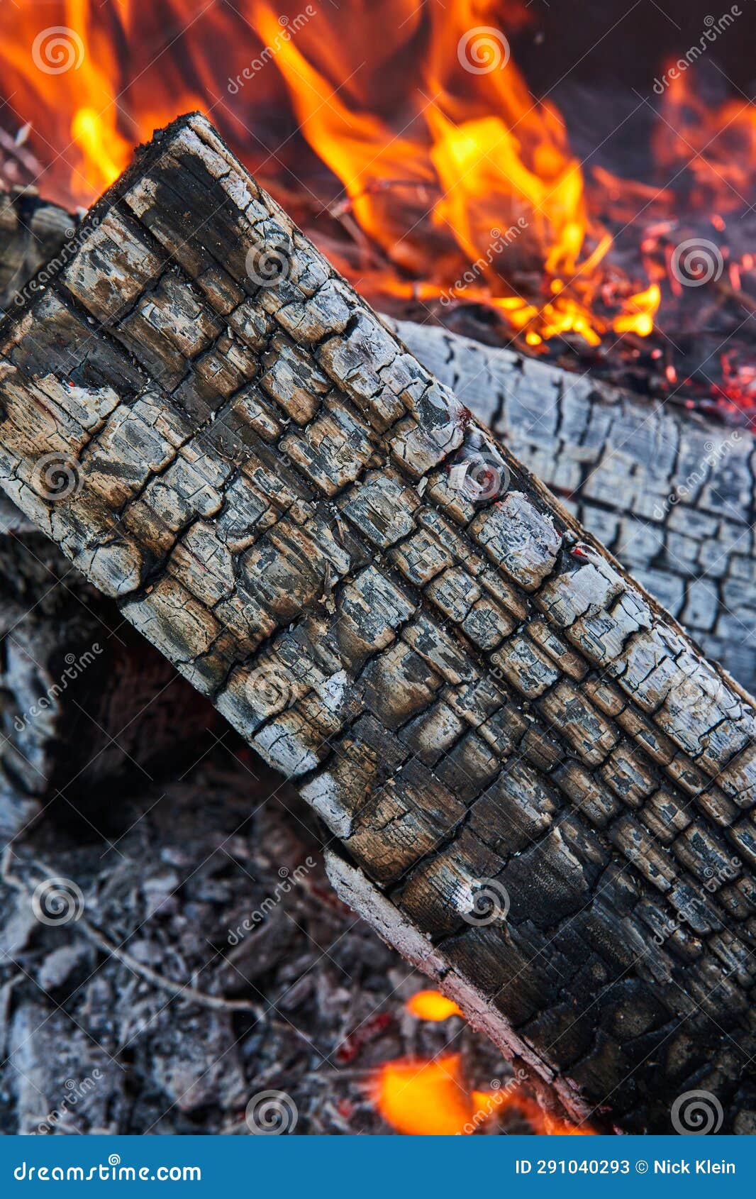 D Close Up of Burnt and Charred Logs in Fire with Flames in Background