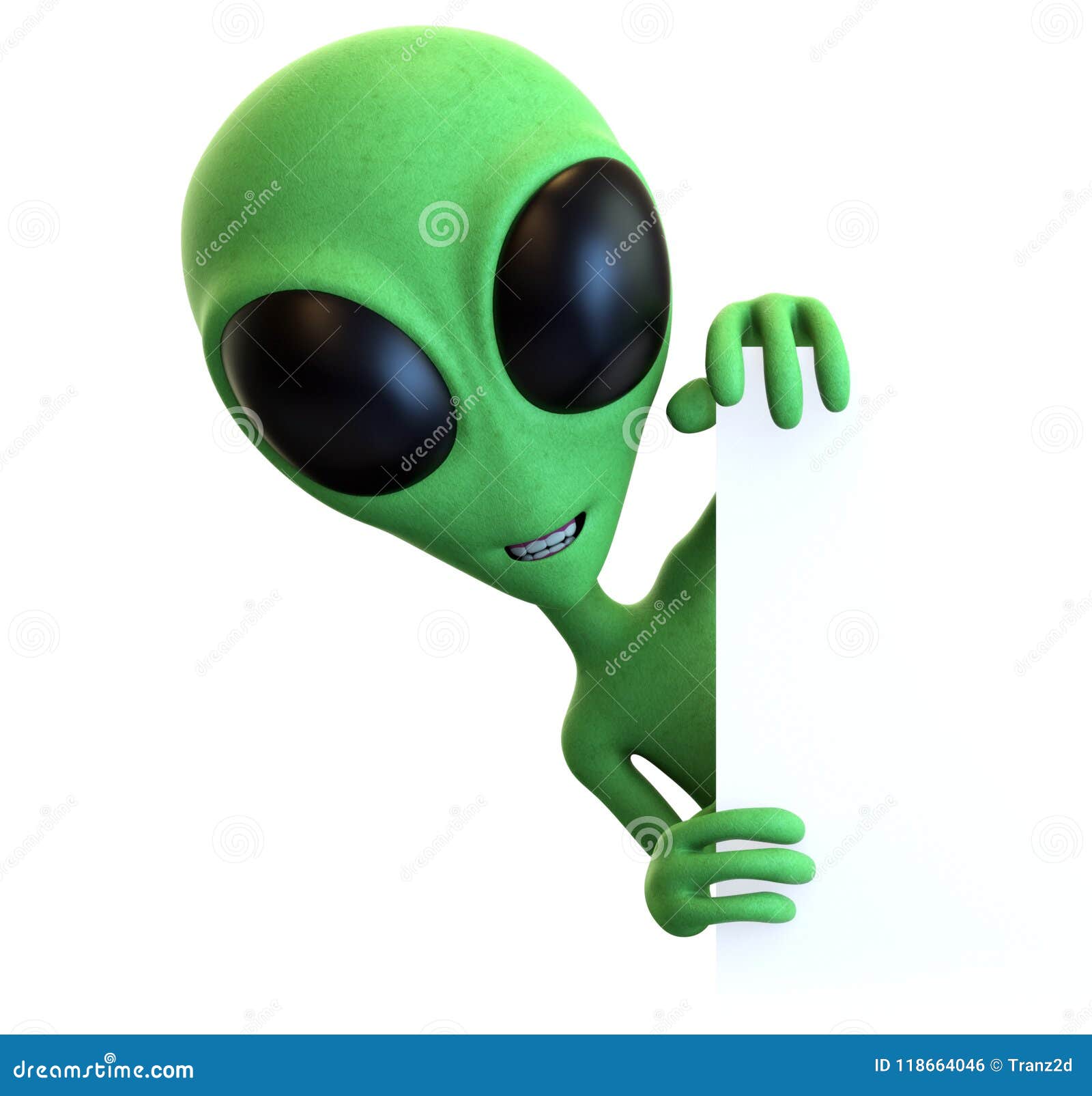 green cartoon alien peeking around a sign