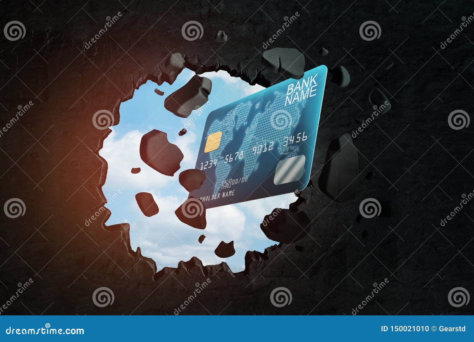 3d Closeup Rendering Of Blue Plastic Credit Card Breaking Hole In Black Wall With Blue Sky Seen Through Hole Stock Illustration Illustration Of Financial Card 150021010