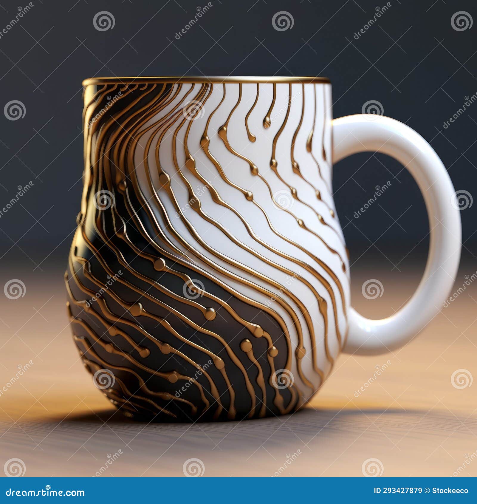 3d coffee cup with wavy lines and metallic accents