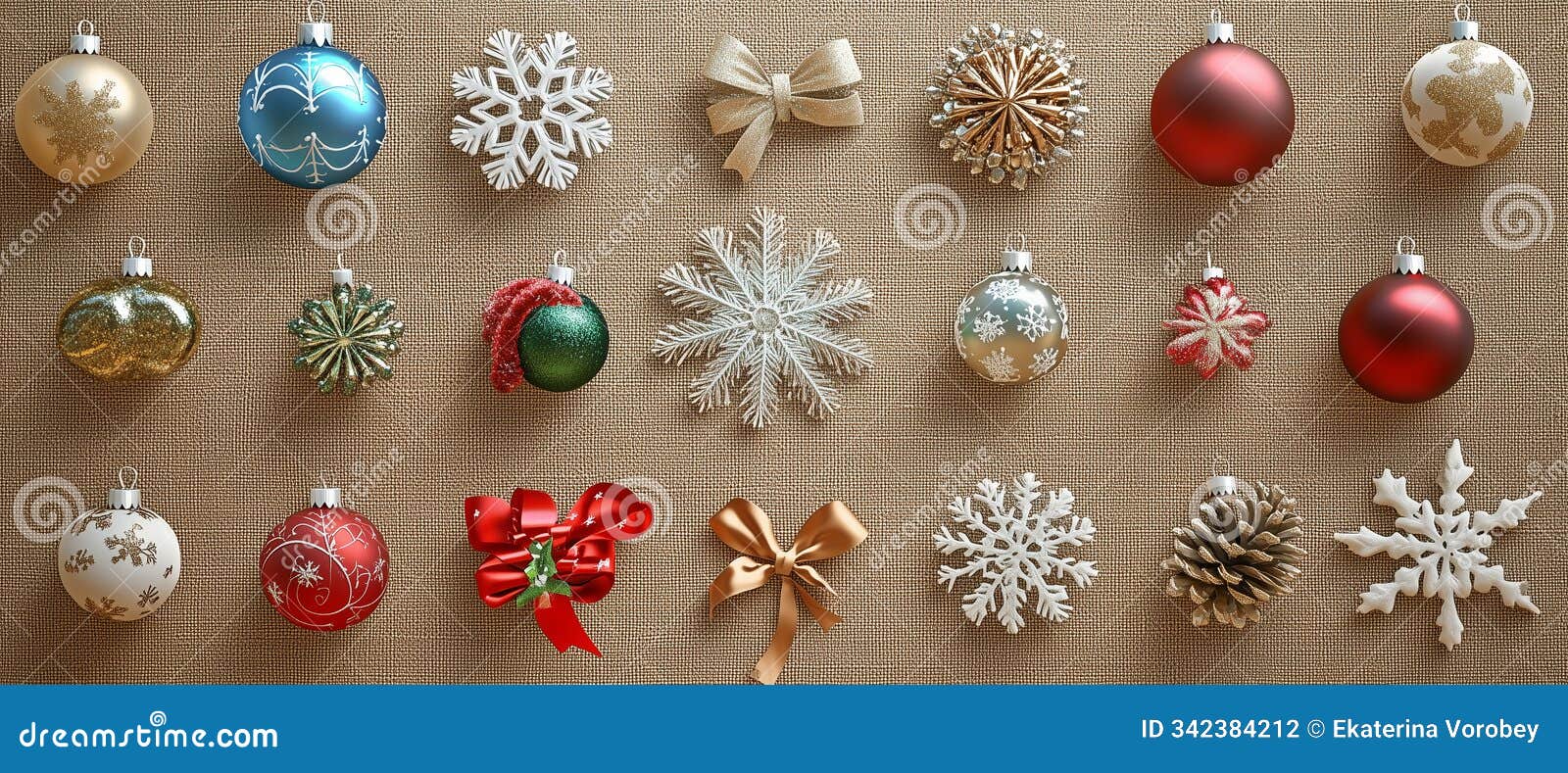 3d collage of holiday decorations on textured burlap background, generative ai