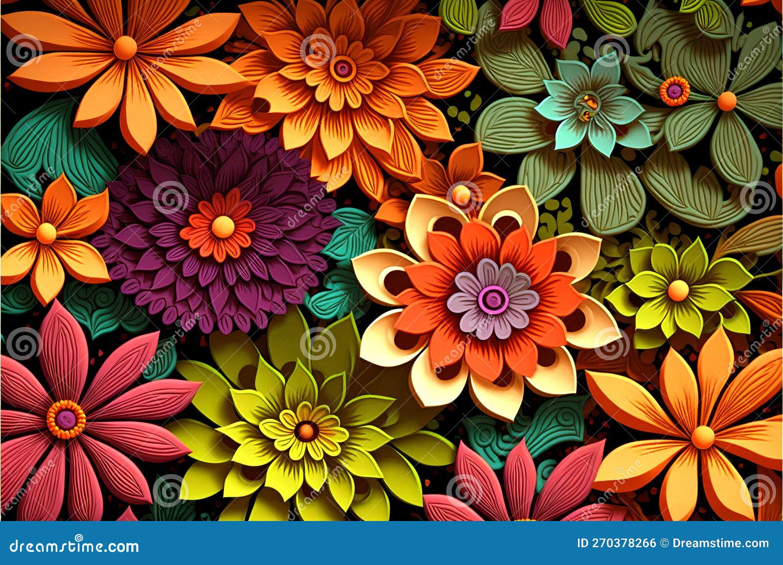 3d Colorful Floral Craft Wallpaper. Orange, Rose, Green, and Yellow Flowers  on a Light Background Stock Photo - Image of flowers, leaf: 270378266