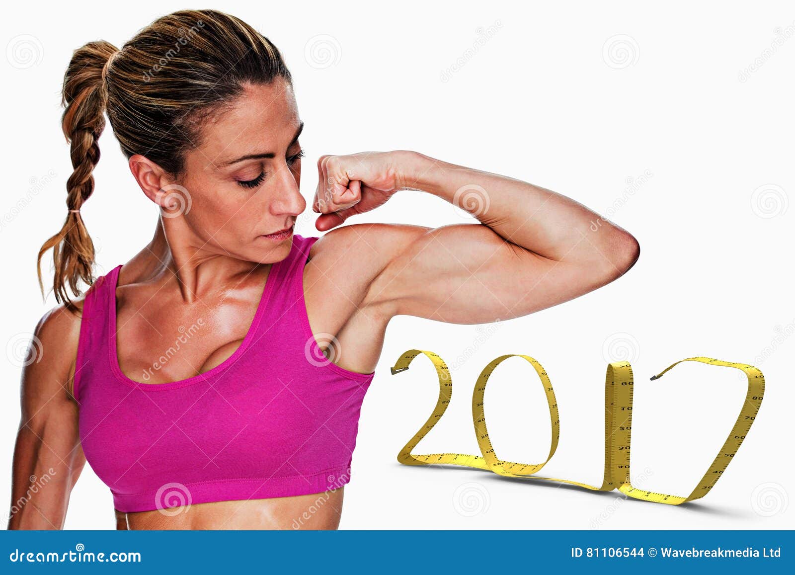 d composite image female bodybuilder flexing bicep pink sports bra against white background vignette new year 81106544
