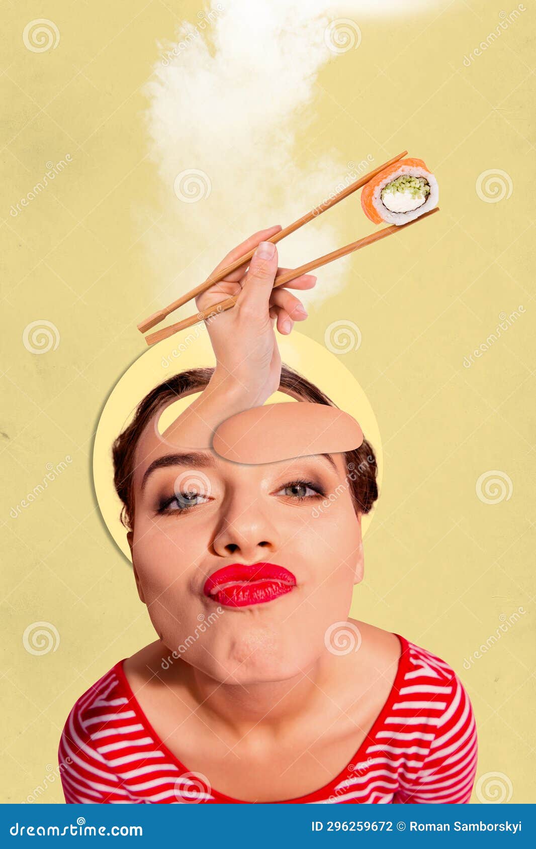 3d creative artwork template collage of funny lady dreaming ordering fresh sushi  beige color background