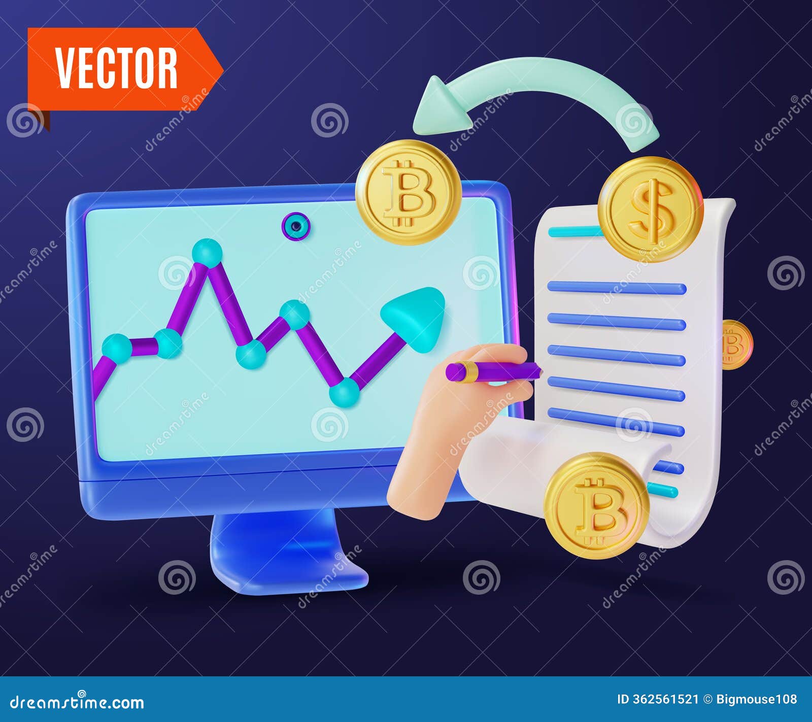 3d Crypto Currency Concept Computer Display with Graph, Cryptocurrency,  Smart Contract Cartoon Design Style. Vector Stock Vector - Illustration of  graph, background: 362561521