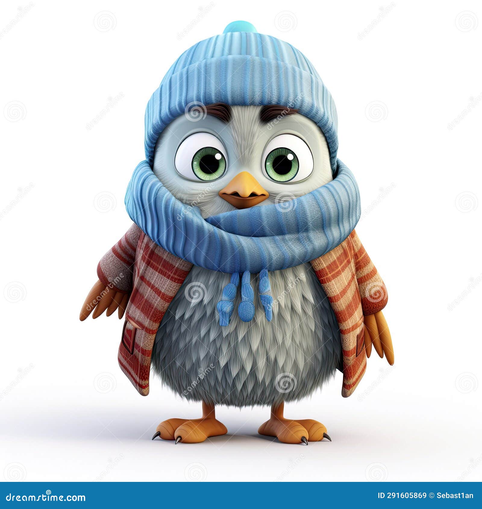 3d cute bird character dressed in a snug winter coat,