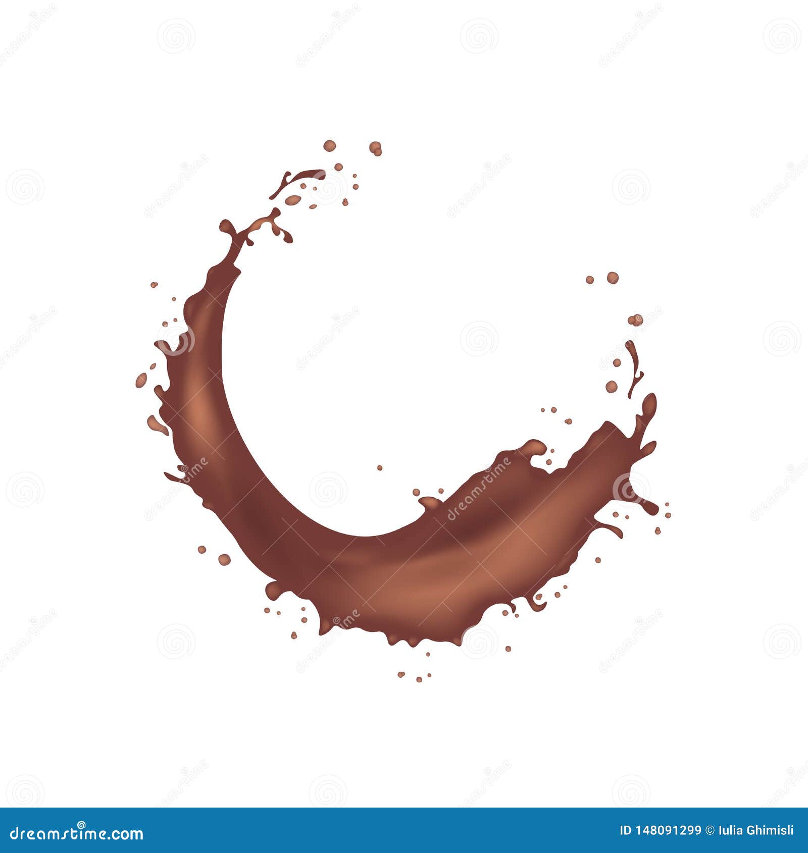 3d realistic twisted dark chocolate milk splash with drops. Isolated cocoa yogurt caramel cream round wave on white background. Coffee Product package design. EPS10 Vector Illustration