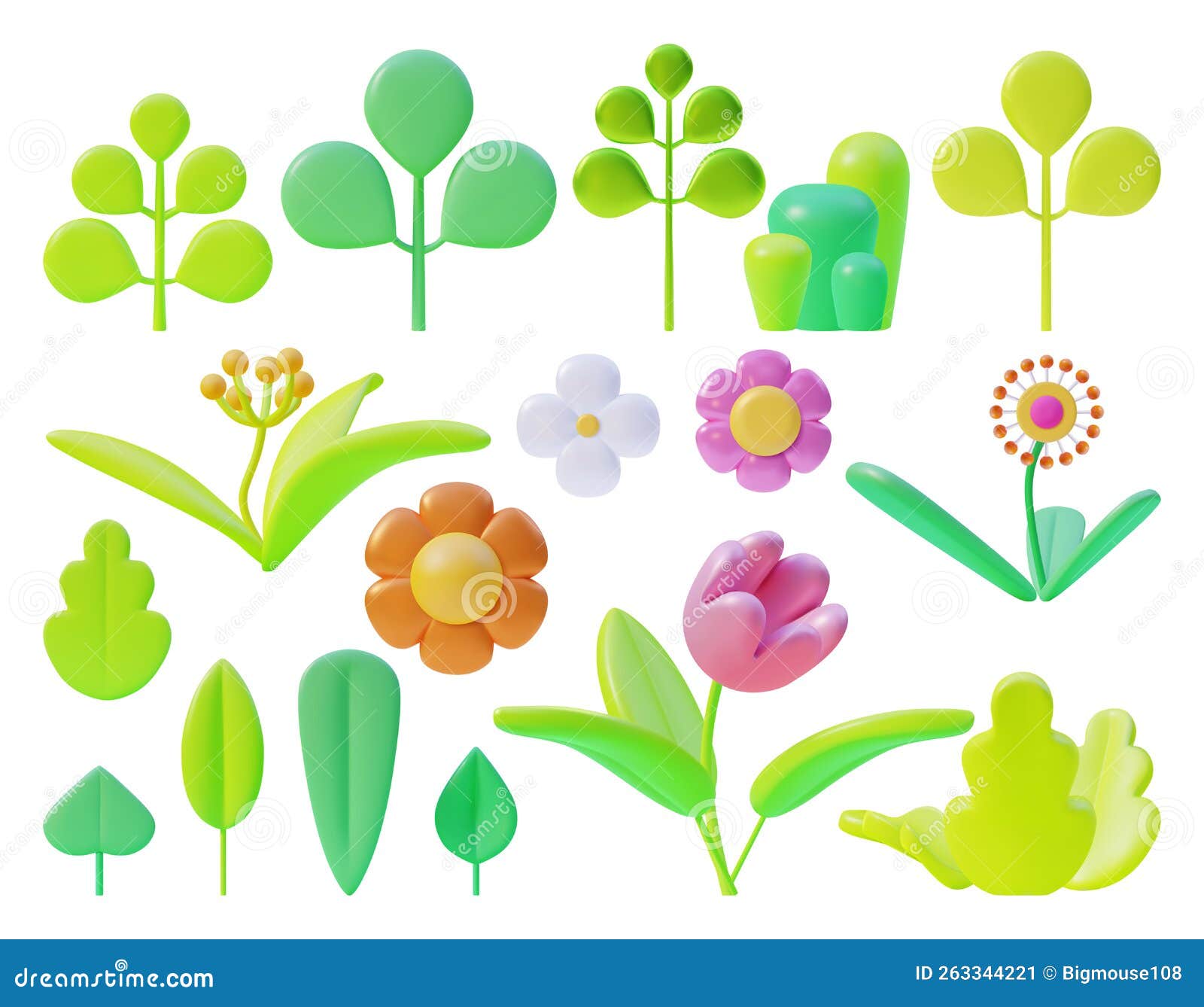 3d Different Flowers Set Plasticine Cartoon Style. Vector Stock Vector
