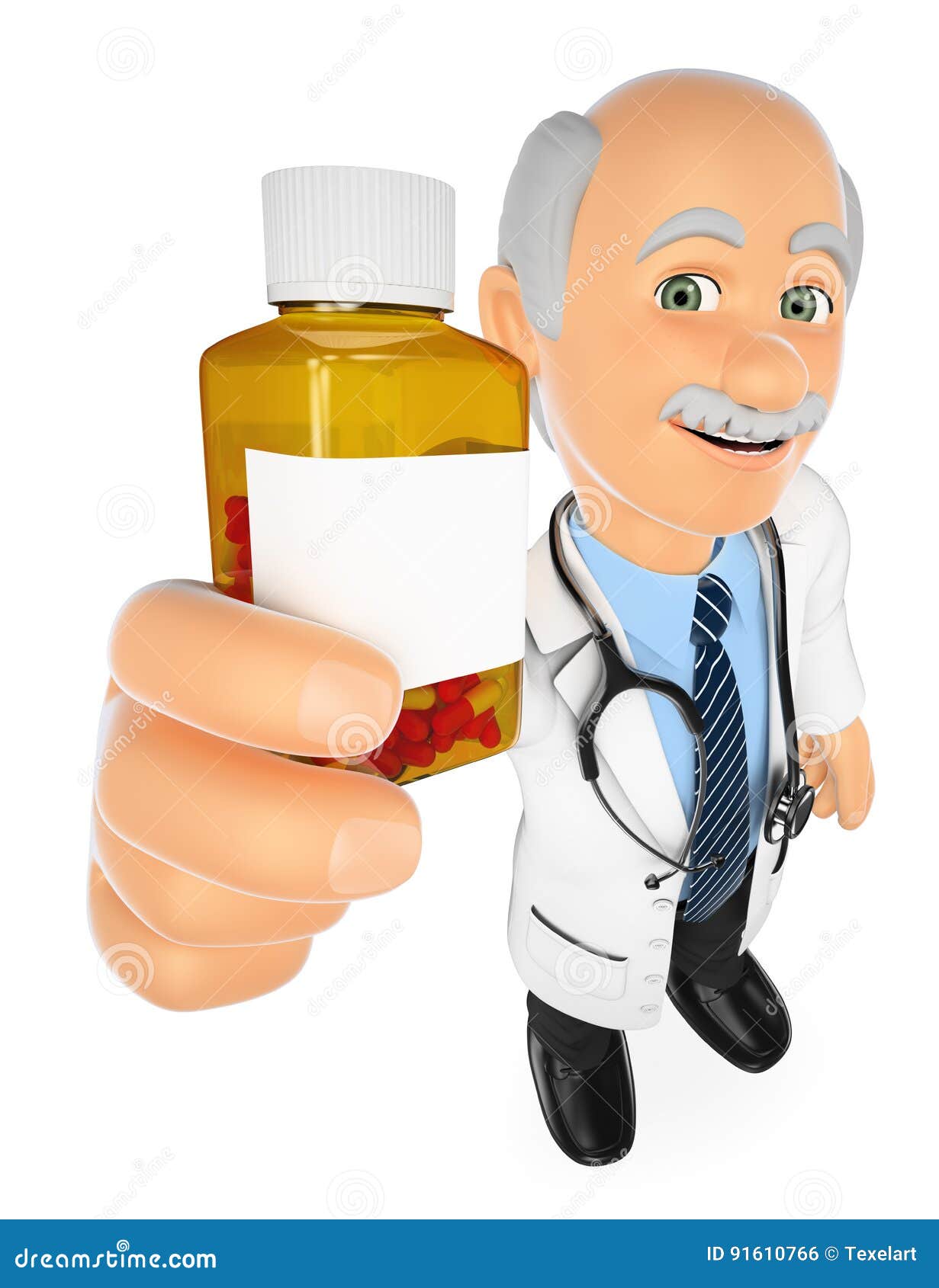 3D Doctor Showing a Pill Bottle with Blank Label Stock Illustration ...
