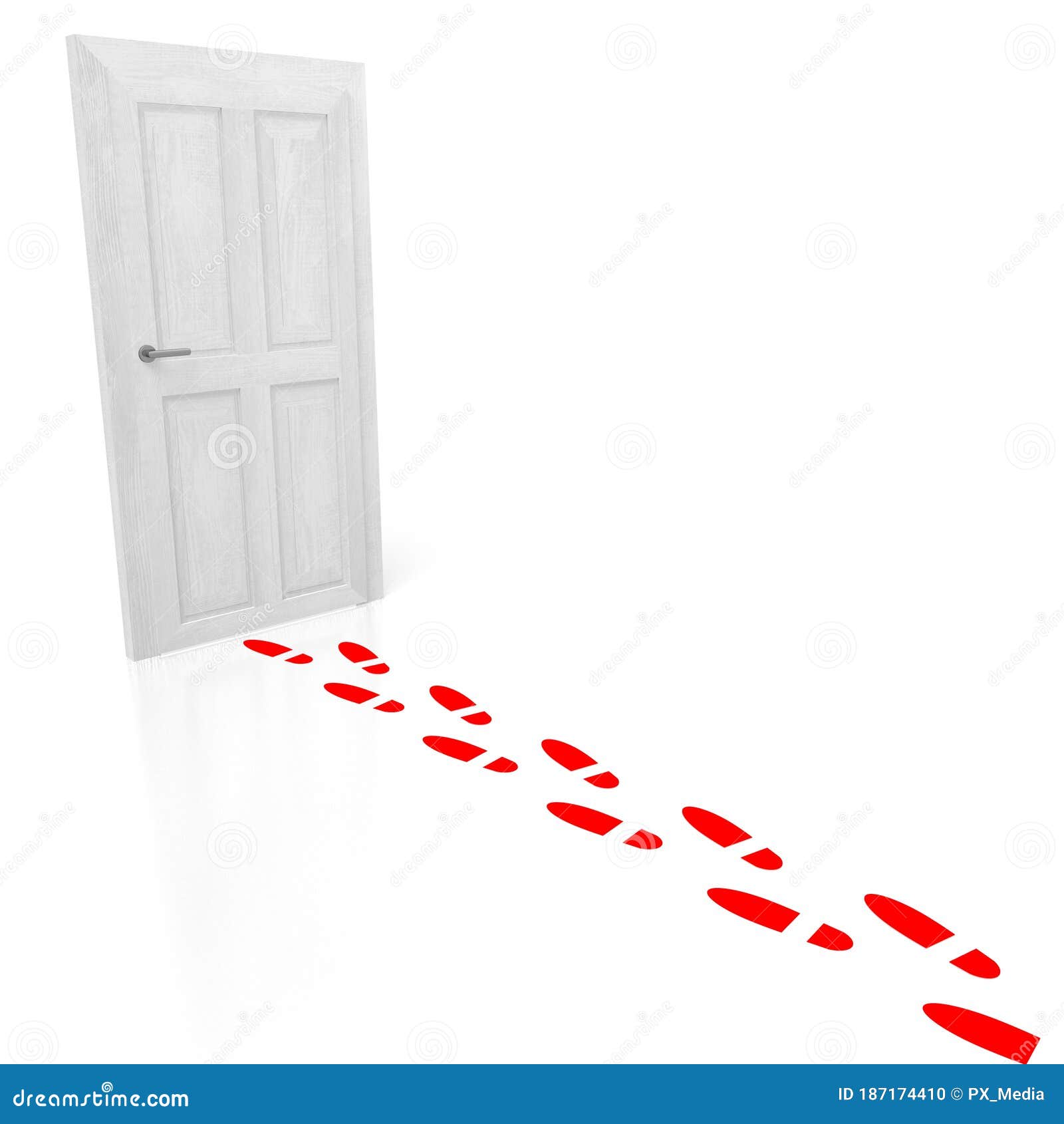 3D door, footsteps concept stock illustration. Illustration of white