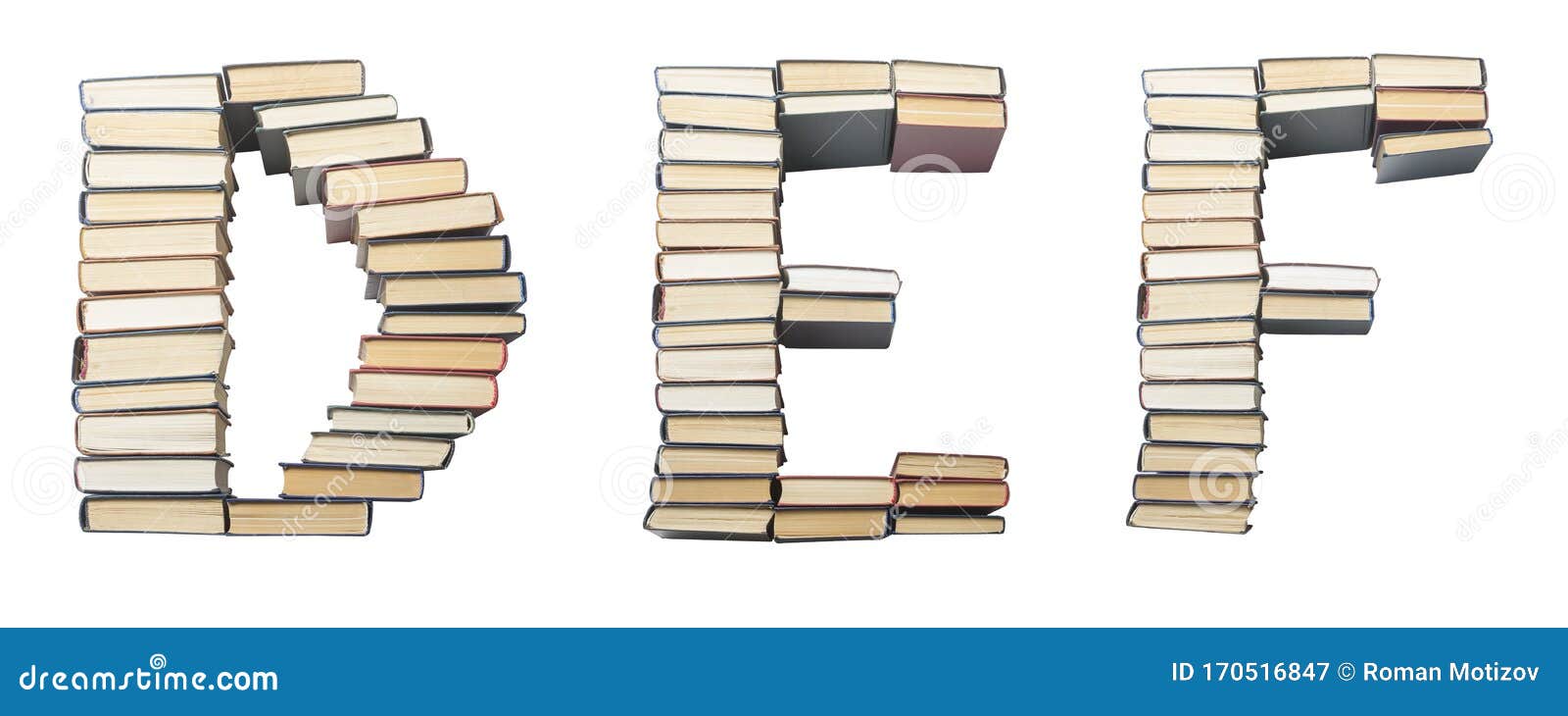 d e f letter from books. alphabet  on white background. font composed of spines of books