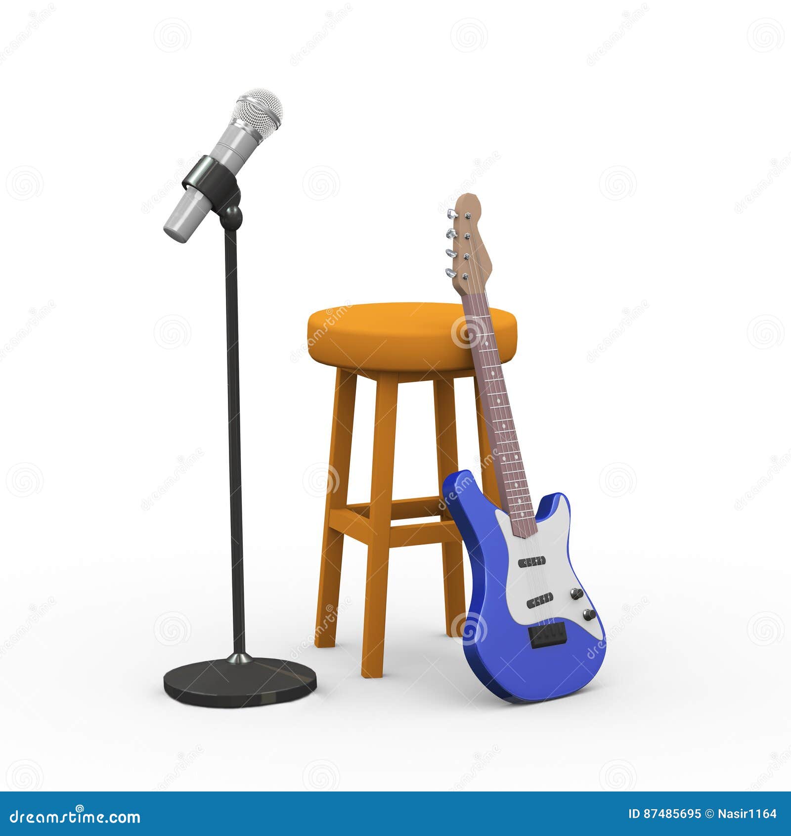 3d Electric Guitar Stool And Mic With Stand Stock Illustration