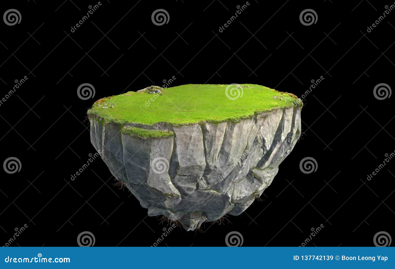 3d fantasy floating island with green grass land  on black